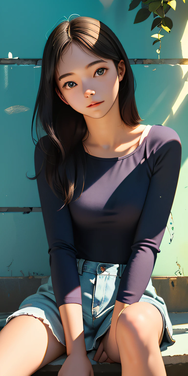 (best quality, masterpiece:1.2), detailed eyes, depth of field, 20 years old girl, against wall, leaning back, sitting, spread legs, lens flare, bokeh
