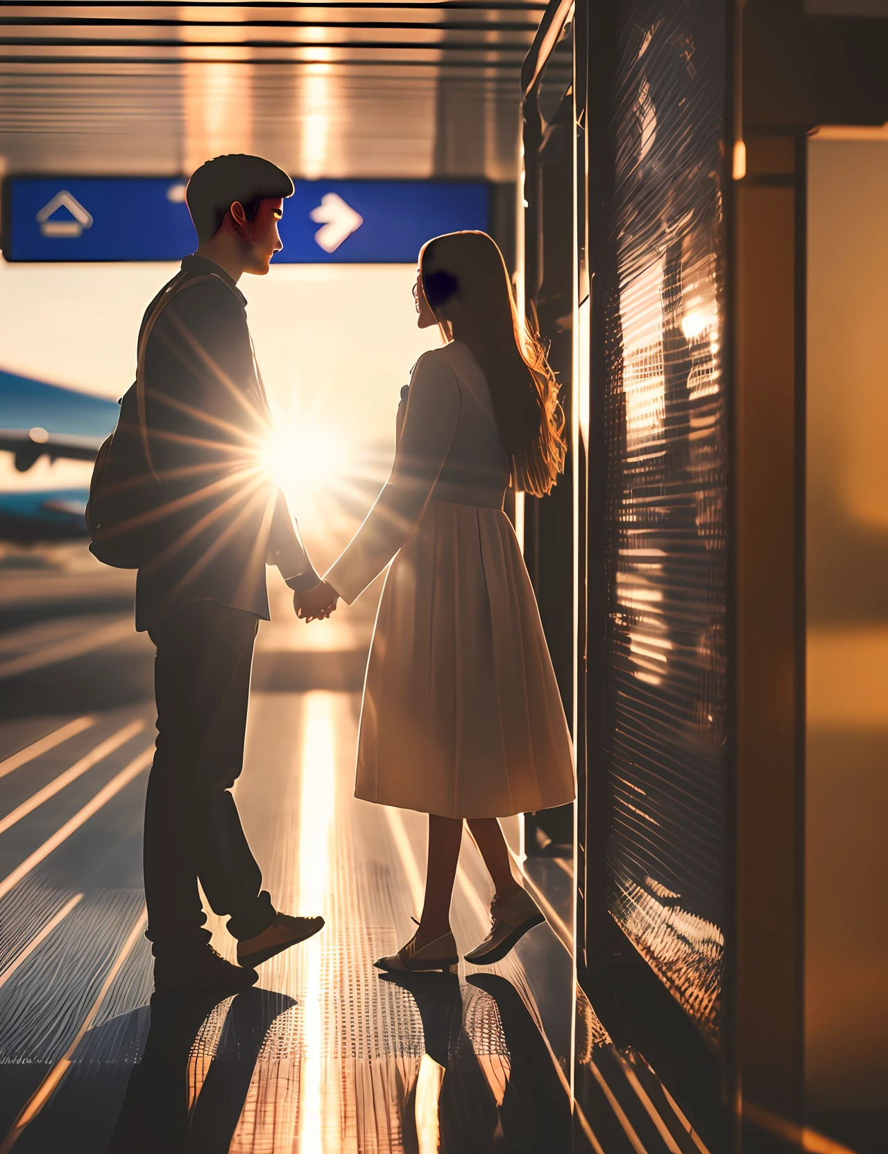 boyfriend girlfriend emotional goodbye moment holding hands in airport realistic beside plane airport gate sunlight --auto --s2