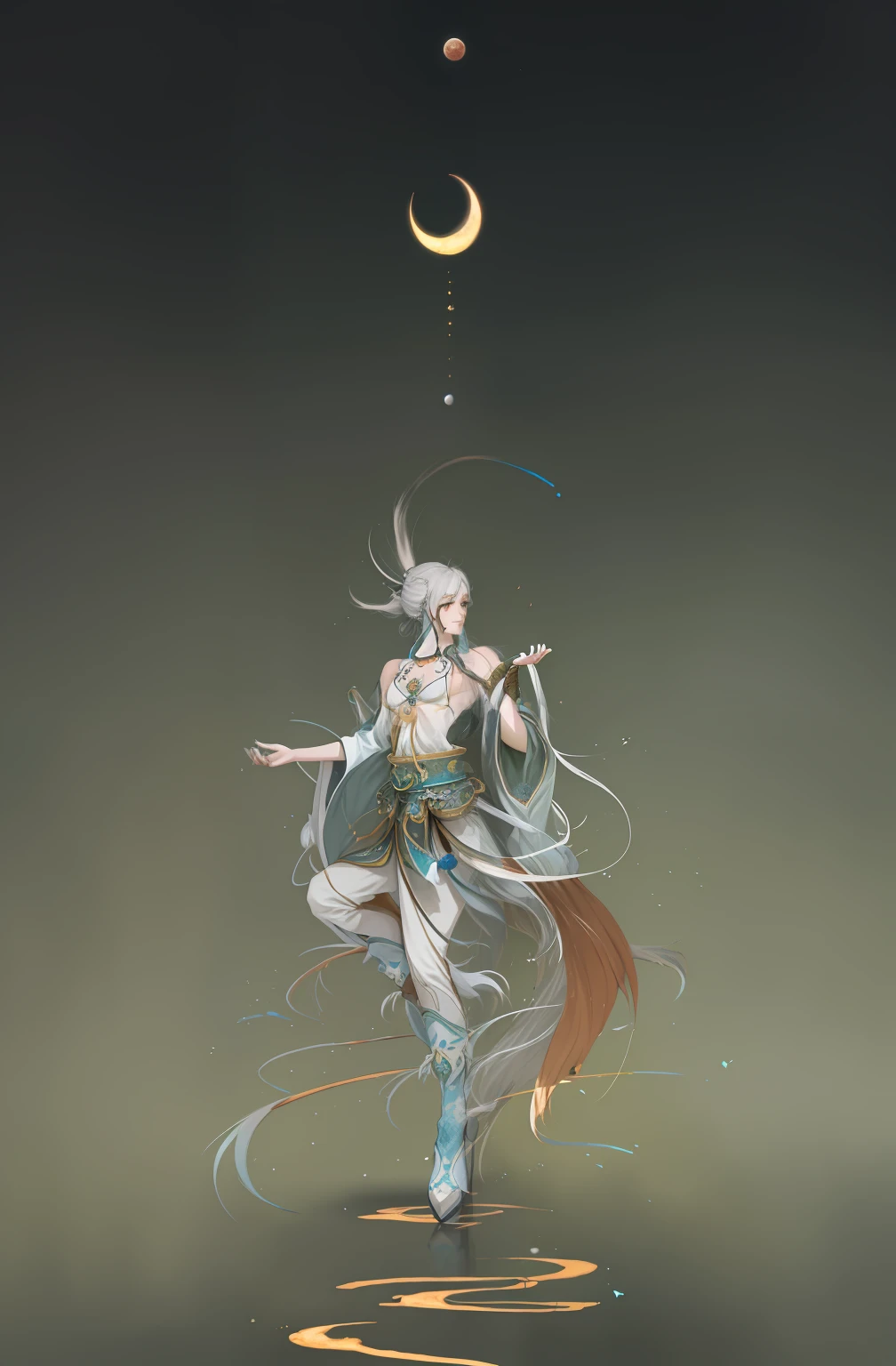 Yamazawa, Clouds, New Moon, nine tail fox,Rock color,dunhuang,Skysky, 1girll, Delicate facial features,long whitr hair, 独奏, painting of a(curly), jewely, tradit,feater,high high quality,