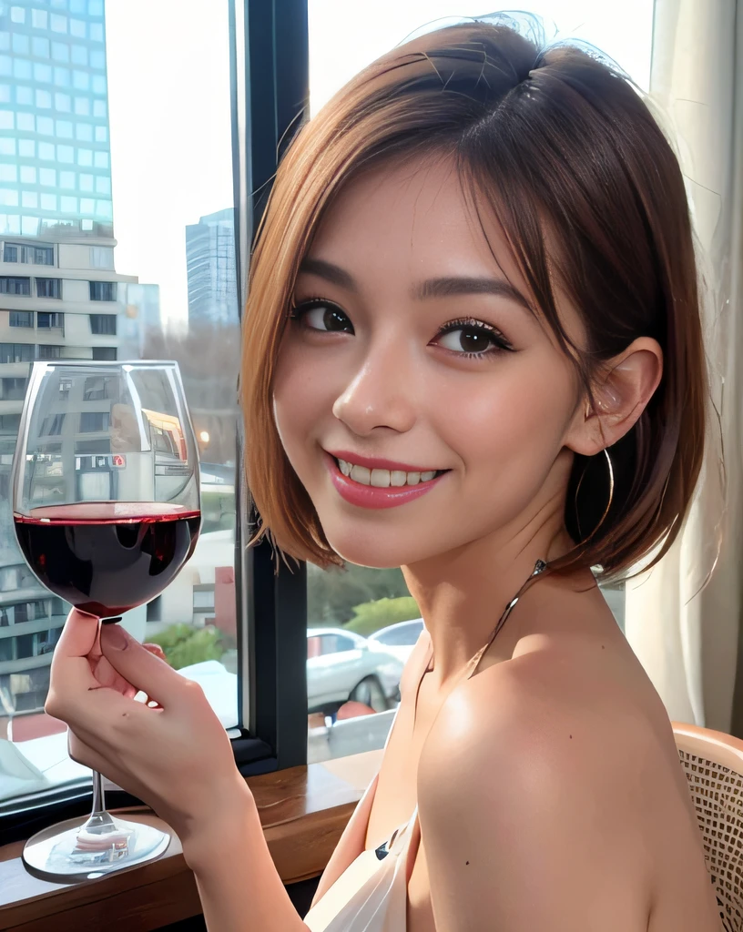 (64K, UHD, top quality, masterpiece: 1.2), (realistic, photorealistic: 1.37), super detailed, pretty woman 1 person, (slim face), (slim body), (brown hair), (short cut), cheeks slightly blushing, (44 years old), 38 years old, solo, beautiful detailed urban night view outside the window, restaurant, wine glasses sit, at night, in a prominent placeNovaFrogStyle, Actress, Model, Waist Up, White Wine, Slim, Wine Glass, Super Clean Night View, Wine Glass Put in the Middle, Happy Smile, (Smile: 1.15), Beautiful Fine Eyes, Upper Body, Bust Japan Up, Night, Short, Short, Actress, Model, Waist Up, White Wine, Slim, Wine Glass, Super Clean Night View, Wine Glass Put in the Middle, Happy Smile,