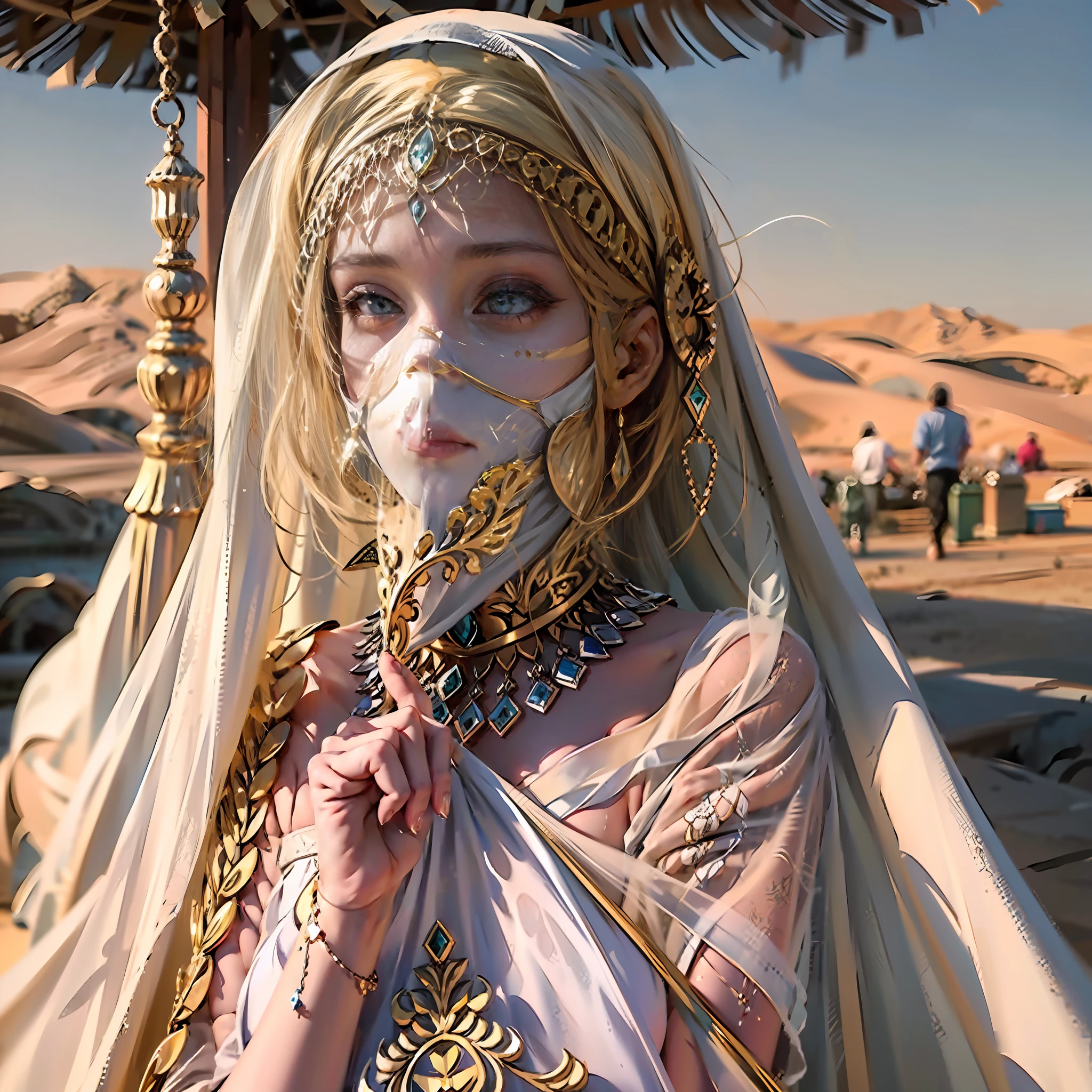 in a panoramic view，photorealestic，8K，Arabic style，golden hues，with blue sky and white clouds，Desert oasis，A market outside the luxury Arabic tent cluster，2 Arab slave girls，Wear a translucent traditional Arabian burqa，Arabic hijab，The Arabian veil is masked，Bind your hands，bound waist，anklet，sat on the ground，Eyes seductive，Masks, Masks，Gorgeously dressed，A noblewoman in a lavish Arabian burqa，See them up close，All masked，Perfectcomposition，professinal，Meistwick，commissioned，best qualtiy，color corrected，After fixation，Retouching，Improvement，Epic，Tone-mapping，the detail， highly  detailed， digitial painting， art  stations， Conceptual map of the long dam， Smoothness， Sharp focus， Beautiful illustration， photore， The light from the back window is backlighted， 动态照明， Mist， 复杂， cinematic grain， professinal， face to the viewer，（Beautiful m3d_woman， Perfect M3D_face,）， Volumetriclighting， subsurfacescattering， Good highlights， Good shadows， cinematic ligh