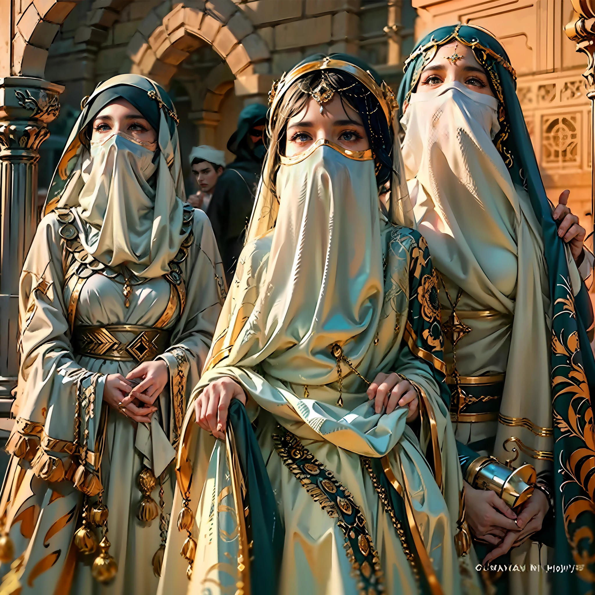 in a panoramic view，photorealestic，8K，Arabic style，golden hues，with blue sky and white clouds，Desert oasis，A market outside the luxury Arabic tent cluster，2 Arab slave girls，Wear a translucent traditional Arabian burqa，Arabic hijab，The Arabian veil is masked，Bind your hands，bound waist，anklet，sat on the ground，Eyes seductive，Masks, Masks，Gorgeously dressed，A noblewoman in a lavish Arabian burqa，See them up close，All masked，Perfectcomposition，professinal，Meistwick，commissioned，best qualtiy，color corrected，After fixation，Retouching，Improvement，Epic，Tone-mapping，the detail， highly  detailed， digitial painting， art  stations， Conceptual map of the long dam， Smoothness， Sharp focus， Beautiful illustration， photore， The light from the back window is backlighted， 动态照明， Mist， 复杂， cinematic grain， professinal， face to the viewer，（Beautiful m3d_woman， Perfect M3D_face,）， Volumetriclighting， subsurfacescattering， Good highlights， Good shadows， cinematic ligh