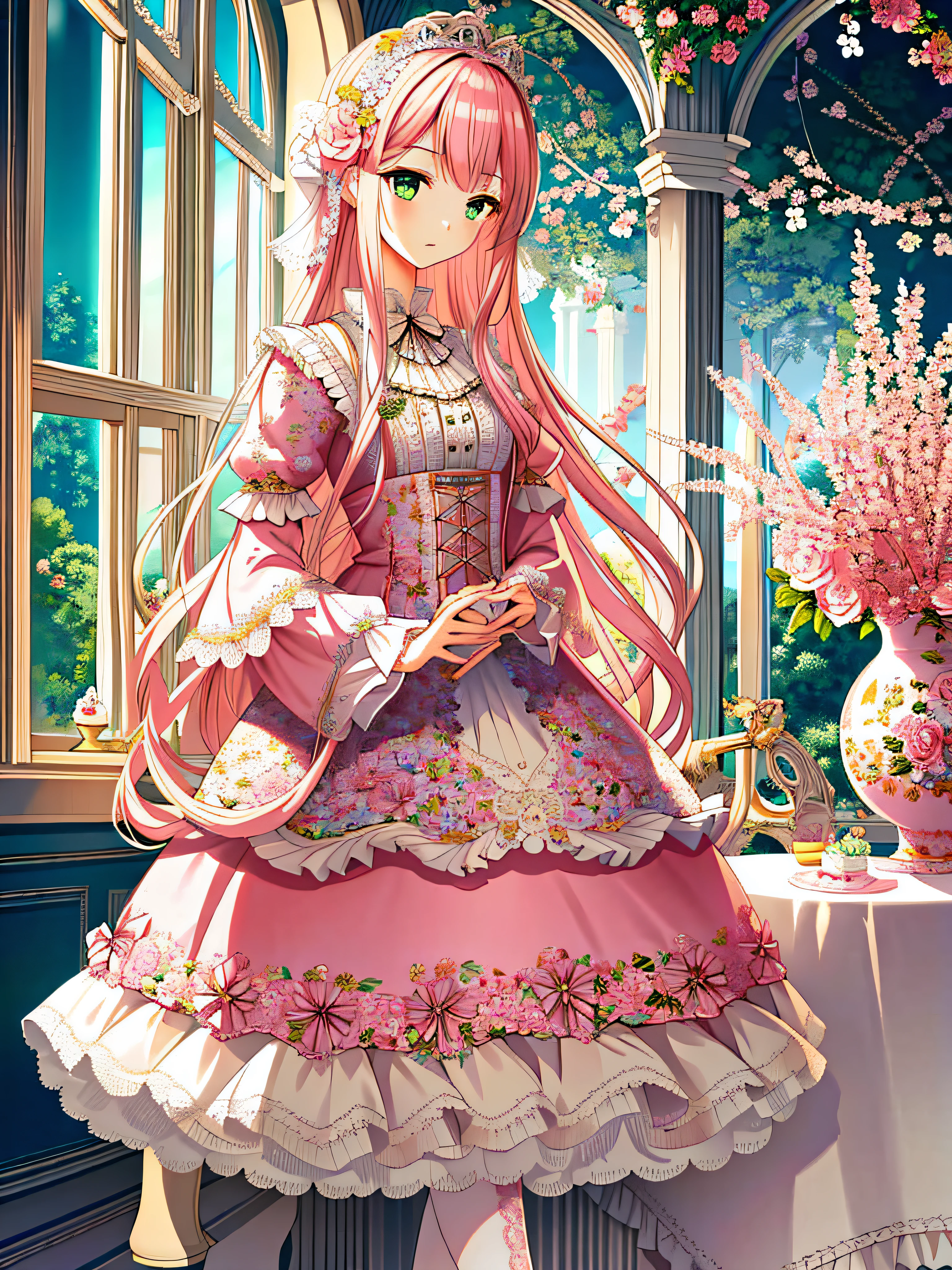 ((masterpiece)),((best quality)),(ultra-detailed),(illustration),((an extremely delicate and beautiful)),(dynamic angle),
1girl, flowers, spring, beside window, rose, very long hair, detailed face, long eyelashes, flower in eye, frilled sleeves, corset, tiara, princess,
green eyes, wide-eyed, clear sky, daylight, sunny, pink and white dress, flowers, hair ornament, white lace-trimmed legwear, pink hair, hair flower, patterned clothing, floral print, candy patterned dress, (lo sweet:1.4),