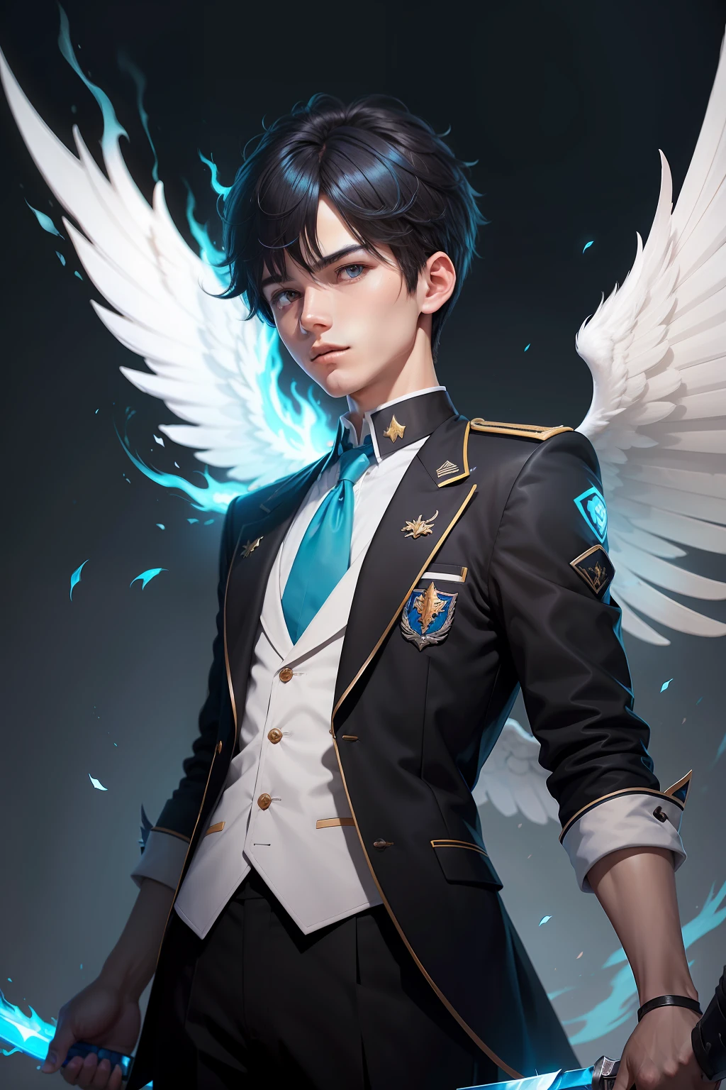 Young men,Simple school uniform,The upper part of the body, Black color hair,White wings,Cyan flame,Blue sword