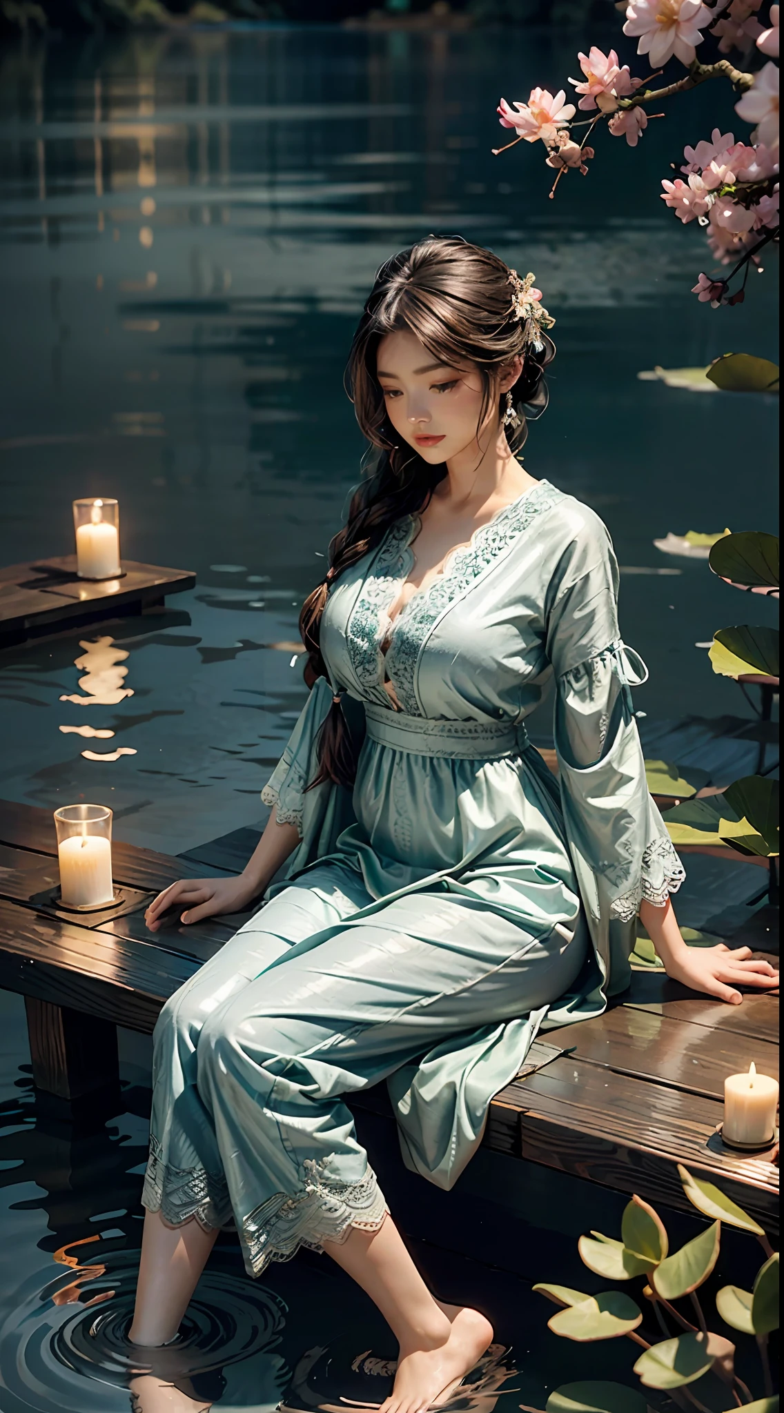 Sitting by a circular lake, feet playing in the water, the art depicts a charming woman with a melon face, dressed in a flowing, silky traditional oriental dress, lilac, decorated with intricate patterns and bright colors. Her dress drapes elegantly over her curvy figure, accentuating her seductive silhouette. She sits gracefully by the tranquil lotus lake, her feet playing in the water, bathed in the soft glow of the moonlight. The scene exudes an ethereal and dreamy atmosphere, with a touch of mystery and sexiness. The graphic style blends watercolor and digital illustration techniques to evoke a refined beauty and charm. The lights are filled with soft moonlight, casting soft highlights and shadows on her charming features. Open thighs, long lace trousers, large breasts, three-dimensional facial features, sitting, upturned legs, side braids
