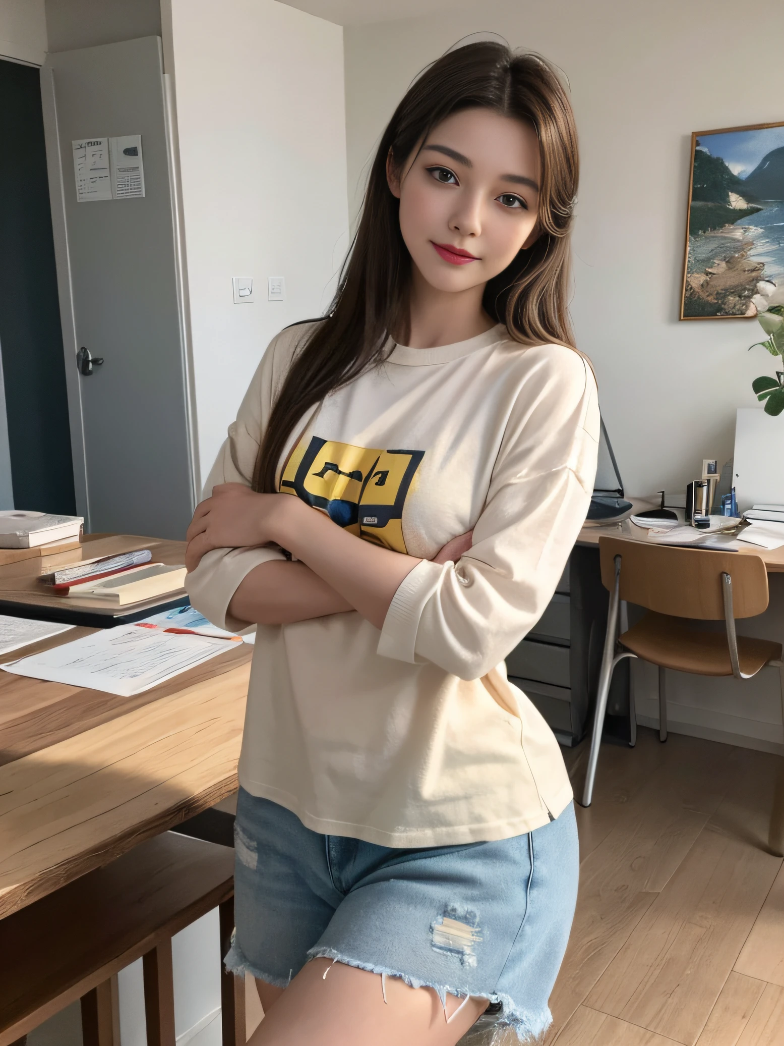 A magnificent sculpture, with the best picture quality and high resolution, featuring a beautiful 26-year-old Russian girl. The details are portrayed exquisitely, with her stunning blue double-eyelids eyes, yellow brown hair, beautiful skin, and an incredibly sharp and realistic image (reality: 1.4). Her face appears slightly younger, and her skin is smooth and slender, giving a sense of hyperrealism and illustration, smile. The artwork is presented in high resolution (8K), providing the most beautiful and impressive details, especially in the meticulously drawn eyes.
In the painting, she is depicted holding some cardboard boxes, standing at a post office. The bright and professional lighting highlights her long blonde hair and a yellow t-shirt with the words "BeeVN" written on the chest. She wears combat jeans. The setting is a post office with several carefully arranged parcels.
Pose: She is described as smiling and looking straight ahead. The portrait is highly detailed, emphasizing her facial features and exquisite characteristics.
This artwork is a true masterpiece, combining artistic talent and ultra-high resolution to create a captivating and attractive painting that mesmerizes the viewers.