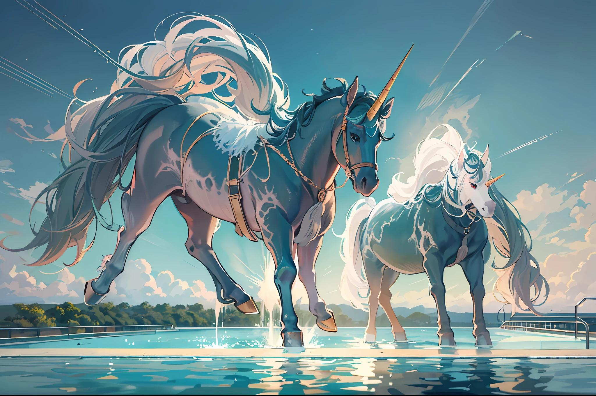 a nobal unicorn, with sliver fur, look at the sky, its horn is covered with lighting, its body release faint blue light, a holy light from the sky toward its back, on the beautiful pool, wide shot, blurry, god rays, ray tracing, reflection light, masterpiece, high quality, high details, best quality, ccurate, anatomically correct, textured skin, UHD, 1080P