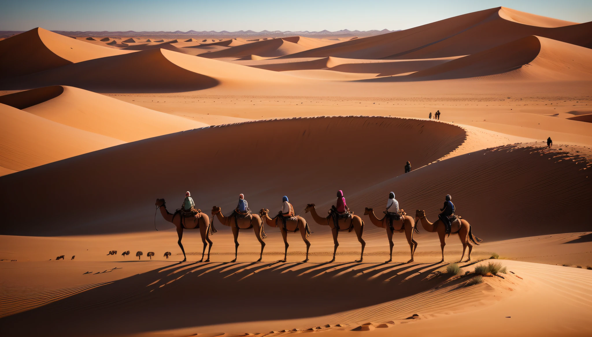 Desert Adventure Silhouette: Showcase a group of camels traversing the dunes, their elegant silhouettes against the vast desert landscape.