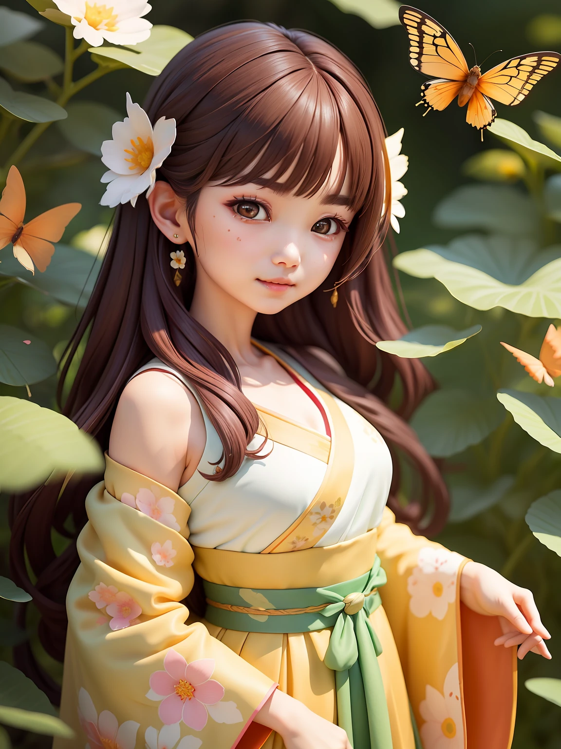(Daisaku),(Need),(Super meticulous),(full bodyesbian:1.2),1 girl,adolable,laughingly,teeth,butterflys,exteriors,Bell in hand,butterflys,:3,Hanfu,long whitr hair,hair adornments,Blurred,brunette color hair,longer sleeves,By bangs,耳Nipple Ring,brunette color hair,florals,(beautiful detailed face),(美丽细致的眼睛),