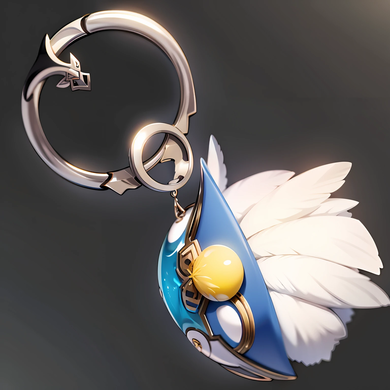 gameicon，Silver metal ring for mobile phone charms，The drapery is a bunch of decorative feathers，There are blue ribbons，and yellow accents，Estilo de Makoto Shinkai