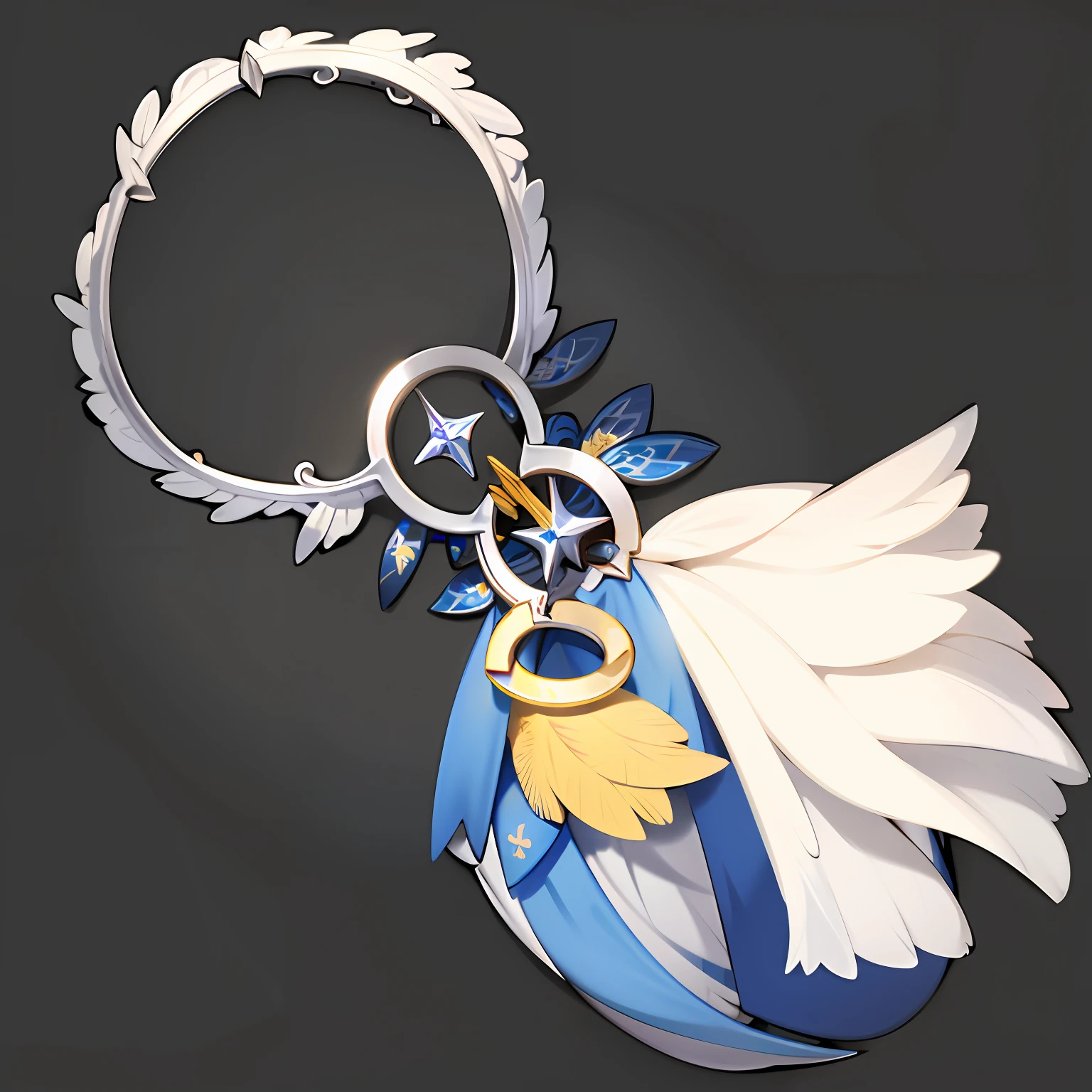 gameicon，Silver metal ring for mobile phone charms，The drapery is a bunch of decorative feathers，There are blue ribbons，and yellow accents，Estilo de Makoto Shinkai