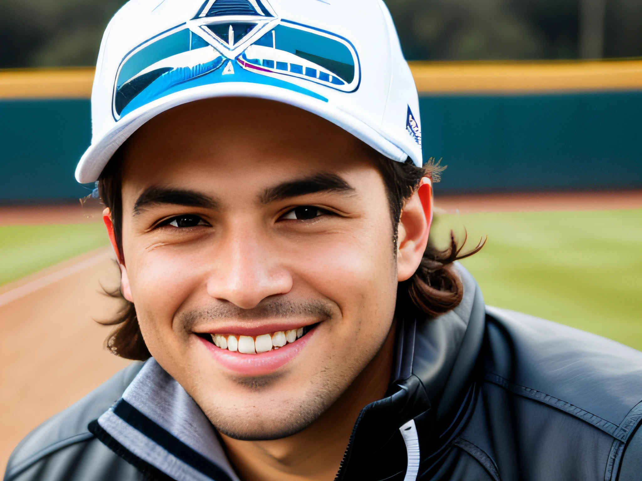 "Generate an image of a smiling man wearing a hat and a baseball cap on his head. The person should be a compilation of the following individuals: David Kostic, Nick Silva, Jonathan Zawada, Marcos Ariano, Joel Torres, Nick Drnaso, Alex Miranda, ariel perez, Sidney Lugo, Jamie Coreth, and Ben Mauro. The image should depict a close-up headshot of the man, and the setting should be at night."