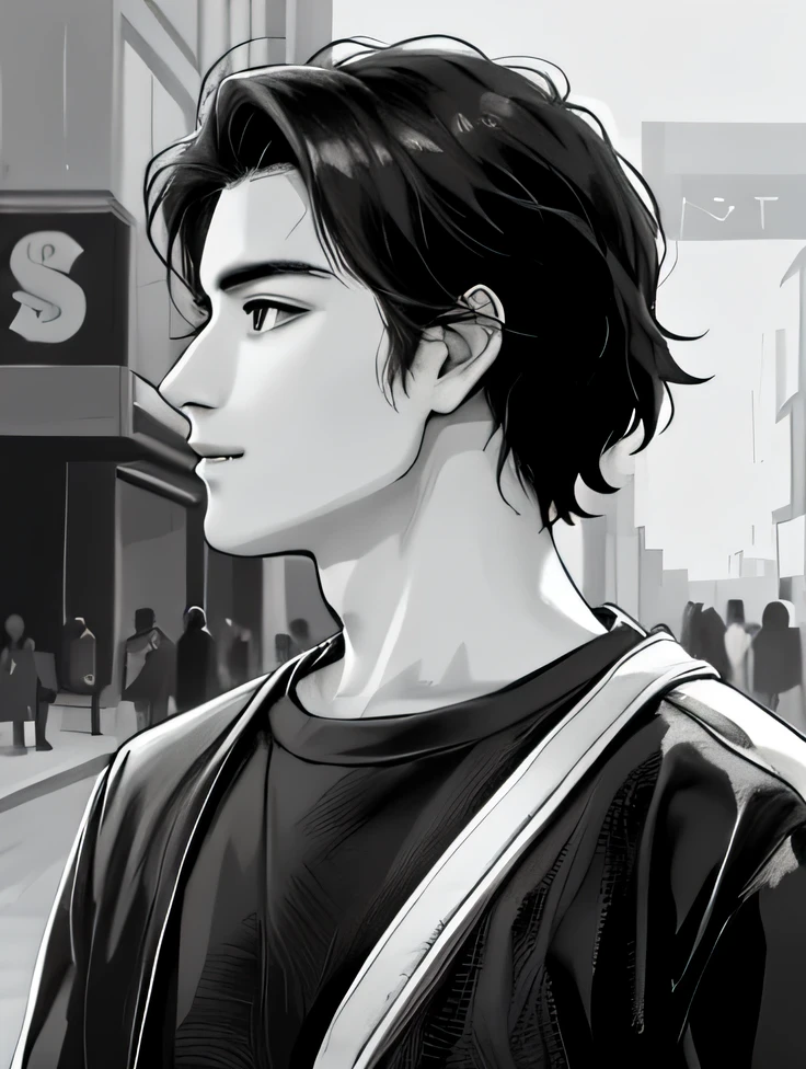 young arafed man with a bag looking away from the camera, headshot profile picture, south east asian with round face, profile portrait, portait photo profile picture, profile shot, side profile centered portrait, profile picture, side profile portrait, profile photo, mid shot portrait, high quality, anime, black and white, semi-realistic.