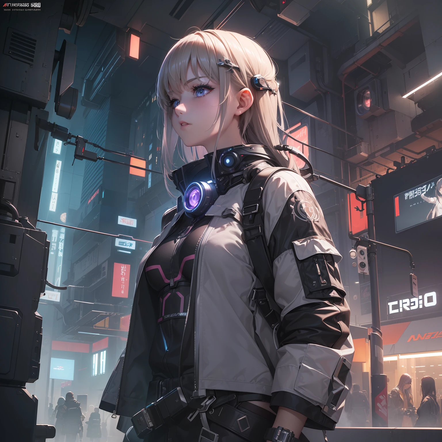 (((masterpiece)))、(((top-quality)))、((ultra-definition))、(High Definition CG Illustration)、((extremely delicate and beautiful))、Cinematic Light、cyberpunked、2080s、animesque、girl with、trending on artstationh、Rachel Walker、