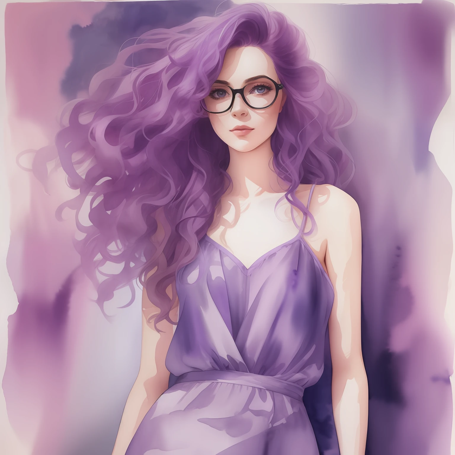 watercolor painting of woman in glasses, long curly purple hair, dress top and skirt