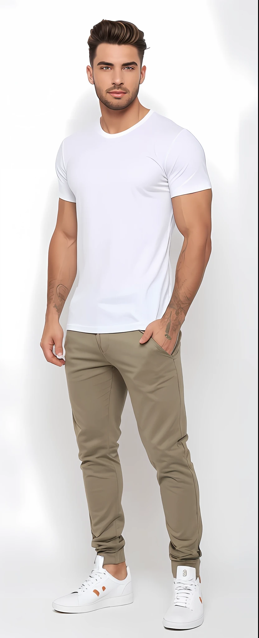 A man in a white T-shirt and khaki pants, wearing pants and a t-shirt, vestido com uma camiseta branca, vestido com uma camiseta branca, Homem de Branco T - Camisa, camiseta branca, vestindo uma camiseta, imagem de corpo inteiro, T-shirt branca, camiseta branca, jeans e camiseta, tshirt branca lisa