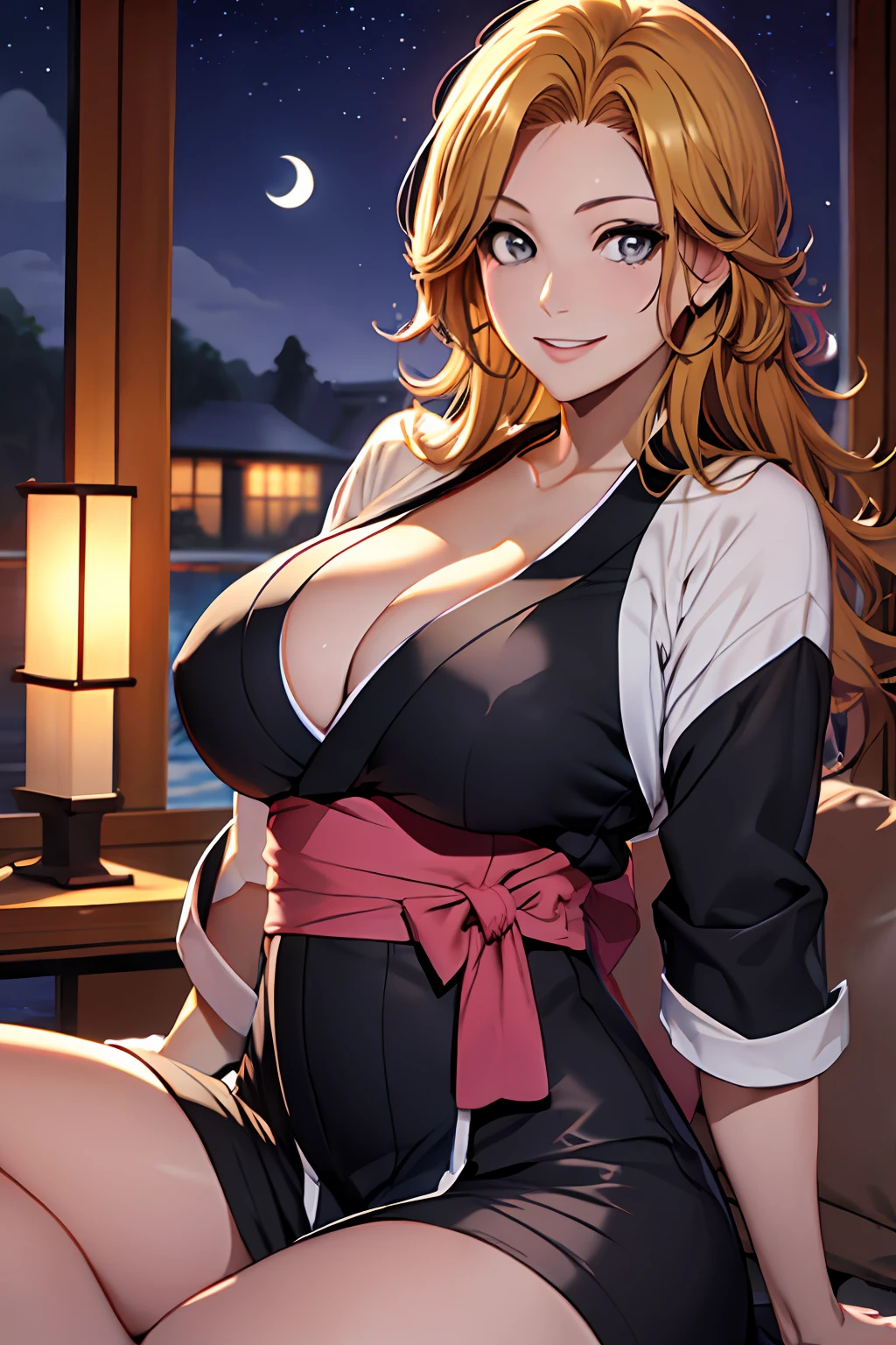 rangiku, night, cleavage, sitting near the lake, deep gray eyes, moon, black japanese clothes, stars, big breasts, from below, blonde hair, smile