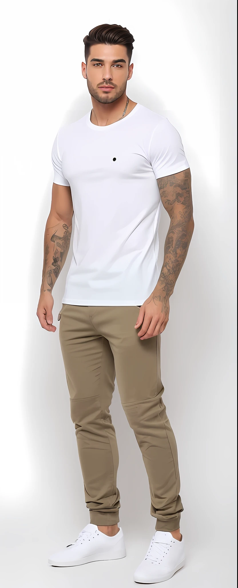 A man in a white T-shirt and khaki pants, wearing pants and a t-shirt, vestido com uma camiseta branca, vestido com uma camiseta branca, Homem de Branco T - Camisa, camiseta branca, vestindo uma camiseta, imagem de corpo inteiro, T-shirt branca, camiseta branca, jeans e camiseta, tshirt branca lisa