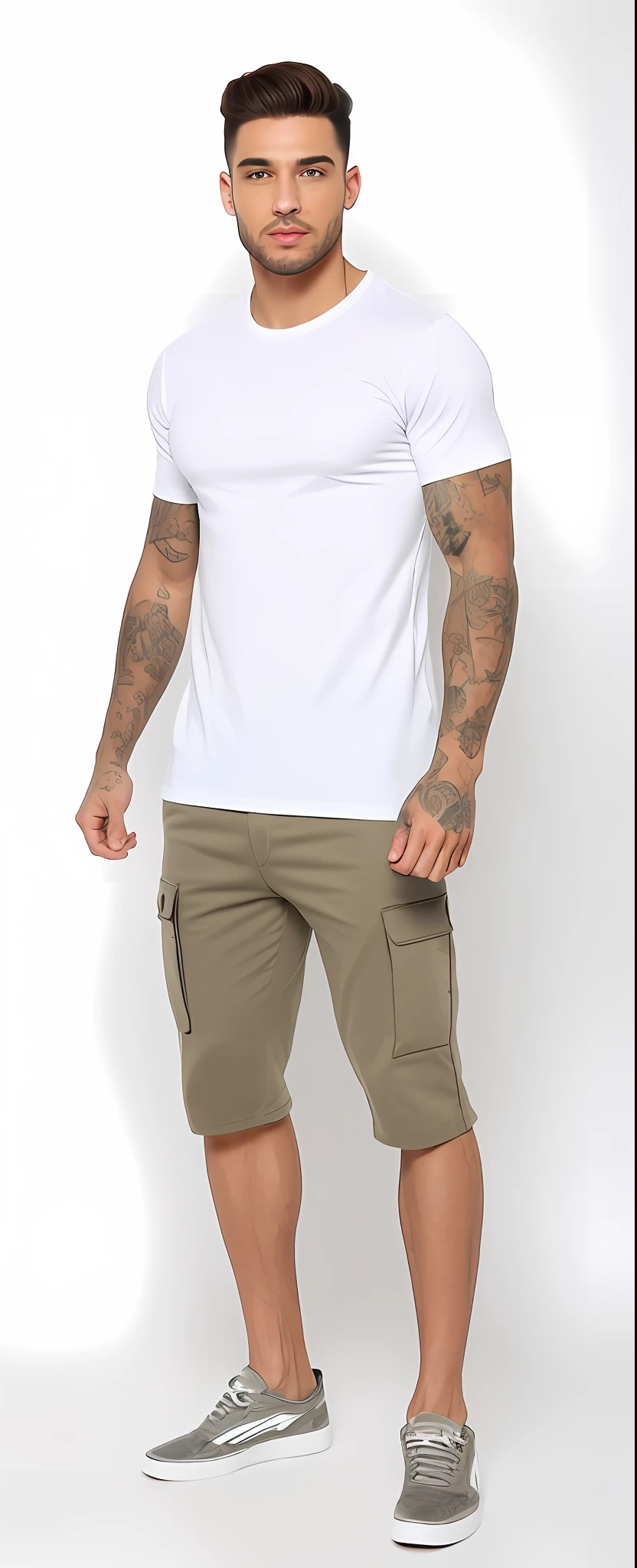 A man in a white T-shirt and khaki pants, wearing pants and a t-shirt, vestido com uma camiseta branca, vestido com uma camiseta branca, Homem de Branco T - Camisa, camiseta branca, vestindo uma camiseta, imagem de corpo inteiro, T-shirt branca, camiseta branca, jeans e camiseta, tshirt branca lisa