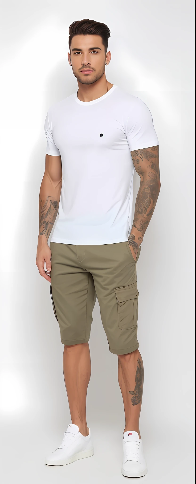 A man in a white T-shirt and khaki pants, wearing pants and a t-shirt, vestido com uma camiseta branca, vestido com uma camiseta branca, Homem de Branco T - Camisa, camiseta branca, vestindo uma camiseta, imagem de corpo inteiro, T-shirt branca, camiseta branca, jeans e camiseta, tshirt branca lisa