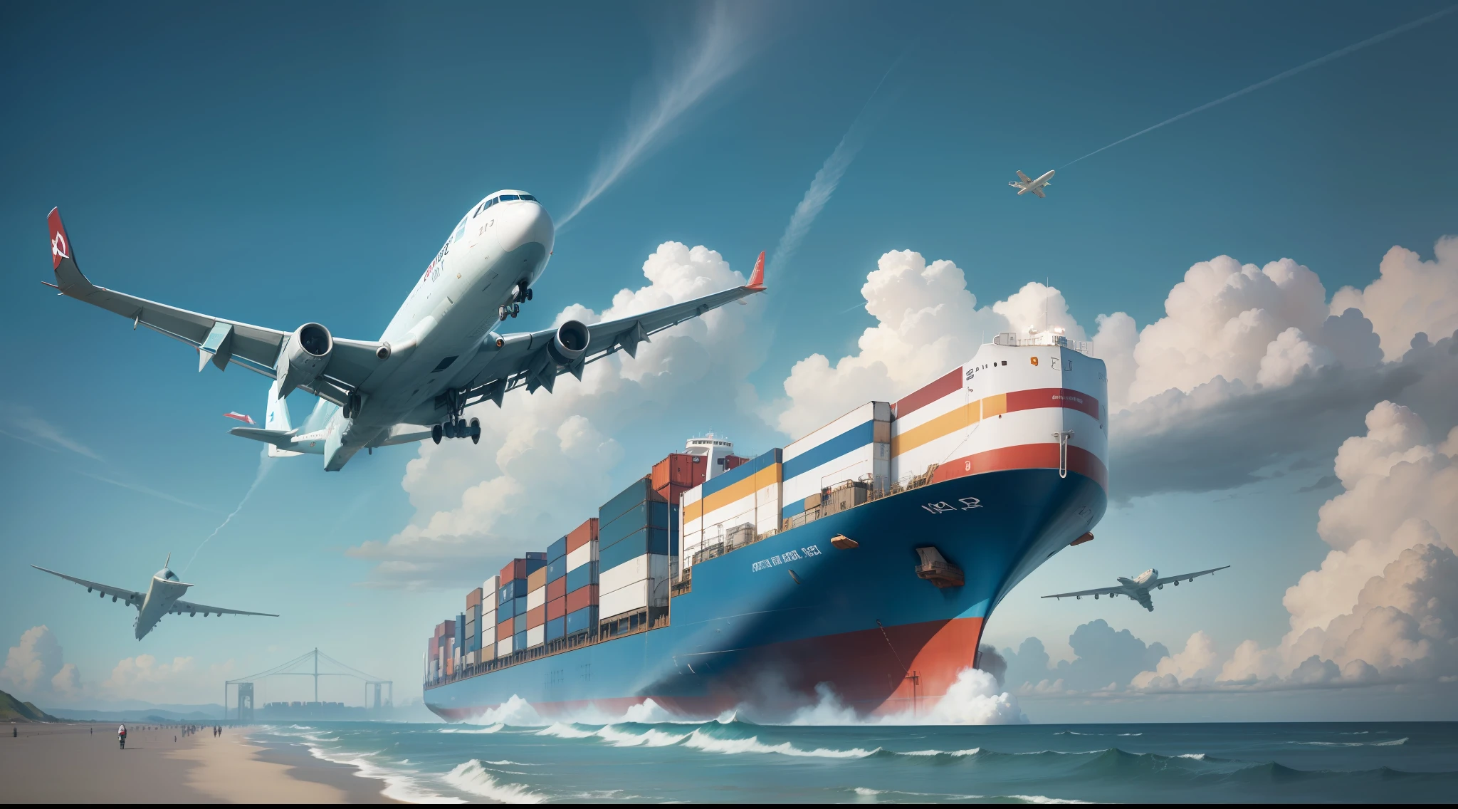 Cargo planes fly in the sky,Above-ground freight trains and wagons are moving separately,Next to the ocean, the freighter is moving、and the sky is blue