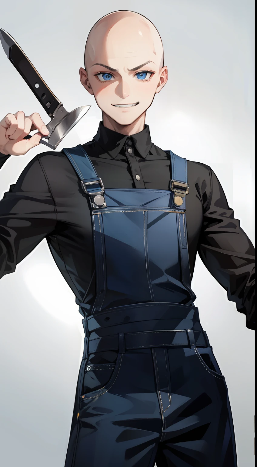 Young guy, bald, The eyes are blue, blue overalls, bloods, knife, smirk, Masterpiece, hiquality