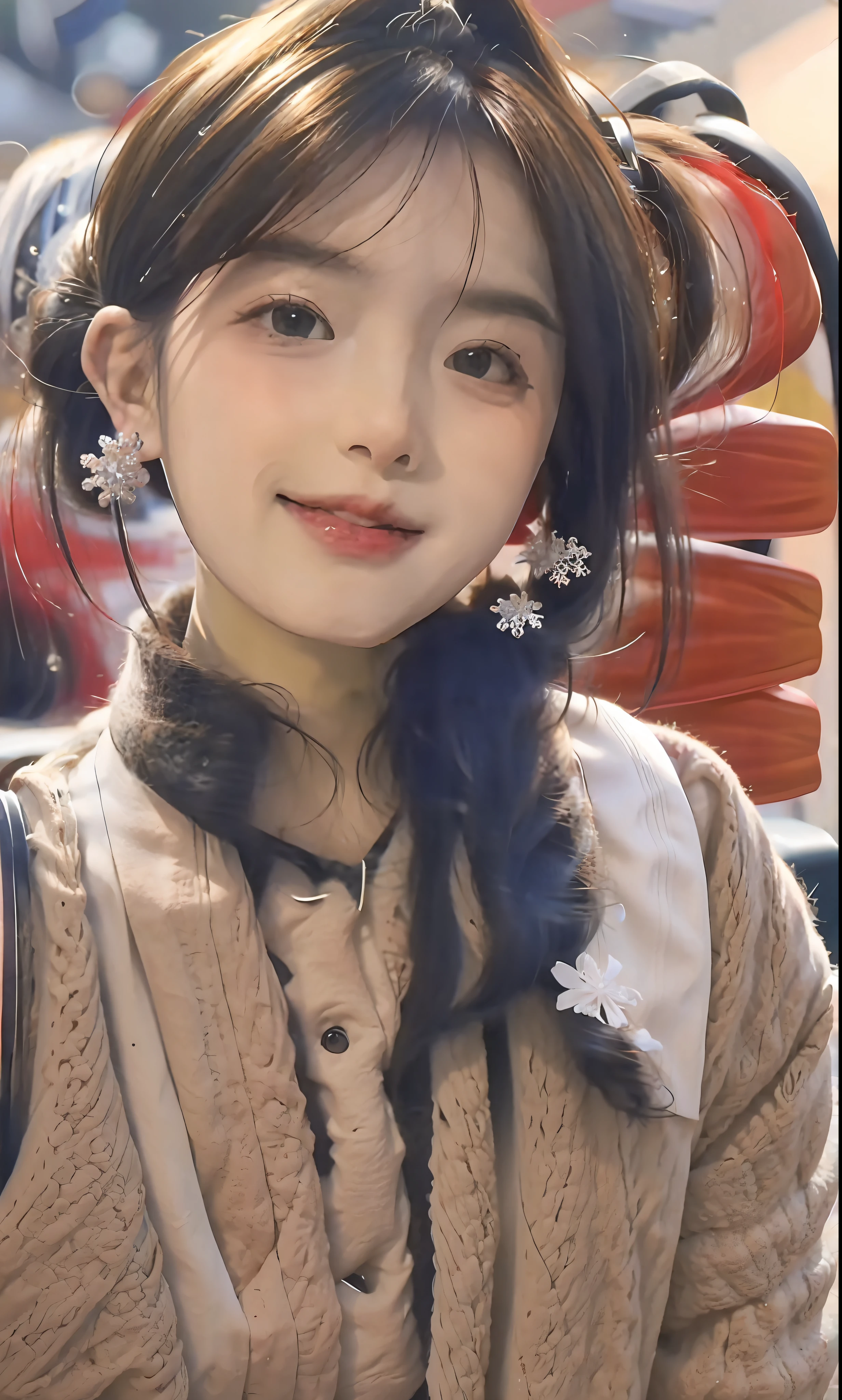 (8k, RAW photo, photorealistic:1.25) ,( 唇彩, 睫毛, 光泽面, 有光泽的皮肤, 最佳质量, 超高分辨率, 景深, 色差, 焦散, 宽光, 自然阴影, Kpop idol) 看着观众带着女神般的幸福,hair bobbles, snowflake hair ornament, ear blush, hair over shoulder, short ponytail, mole under eye, crescent earrings, seductive smile, grin, Surrealism, drop shadow, anaglyph, stereogram, pov, ray tracing, cinematic lighting, 8k, super detail, ccurate, best quality, high details, ccurate, masterpiece, highres