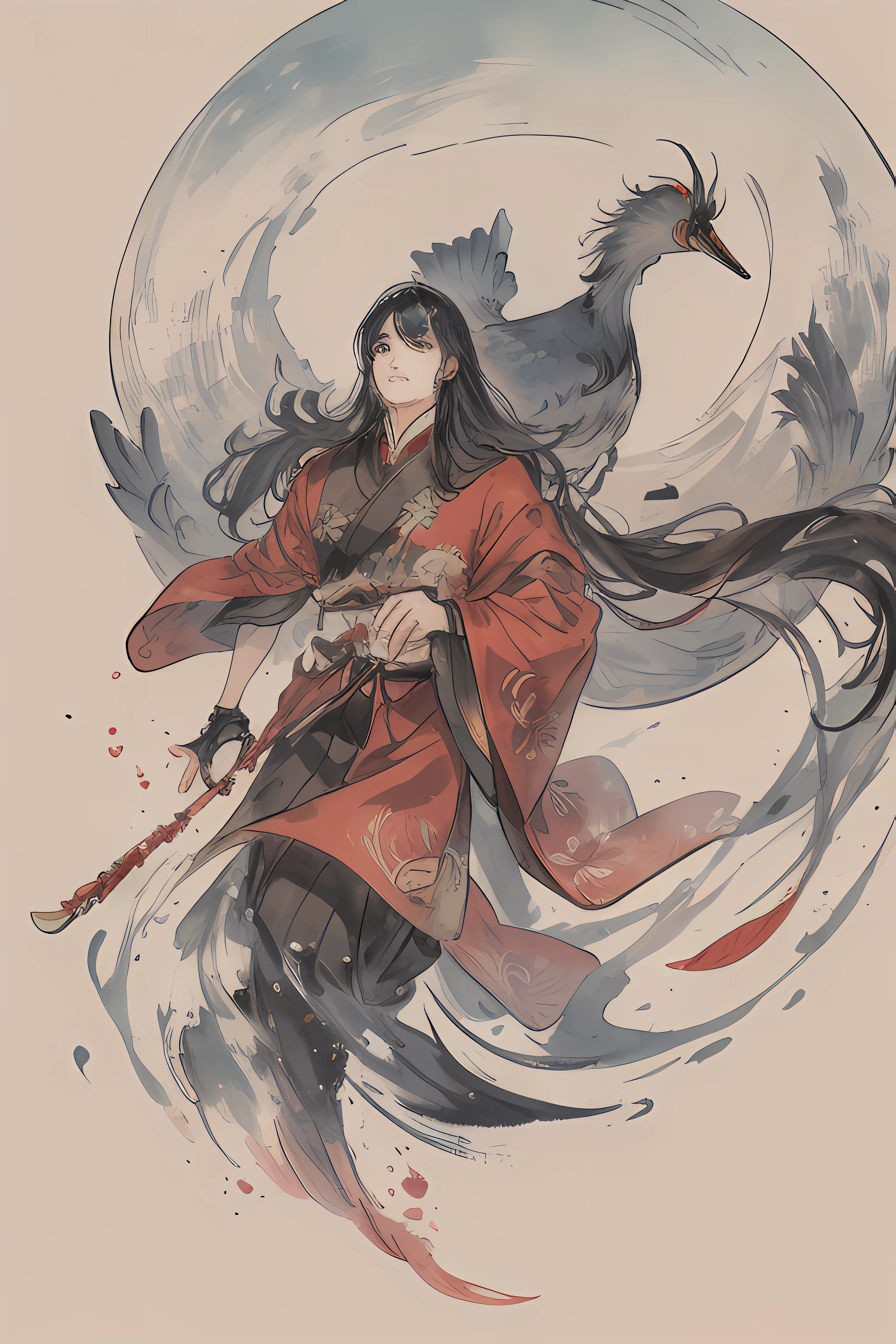 an Chinese ink painting style、A high resolution、best images quality、Cranes flutter in oriental colors、Taoist、Fantasy cultivation、Immortals、long hair flowing、realisticlying。