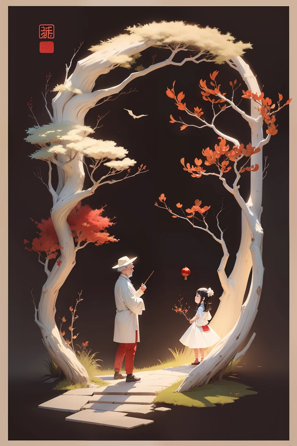 Chinese feng shui ink style stick figure background white，The old man gave the little girl a red hawthorn，The percentage is small，No face details，Nearby, a large tree hung with red hawthorn