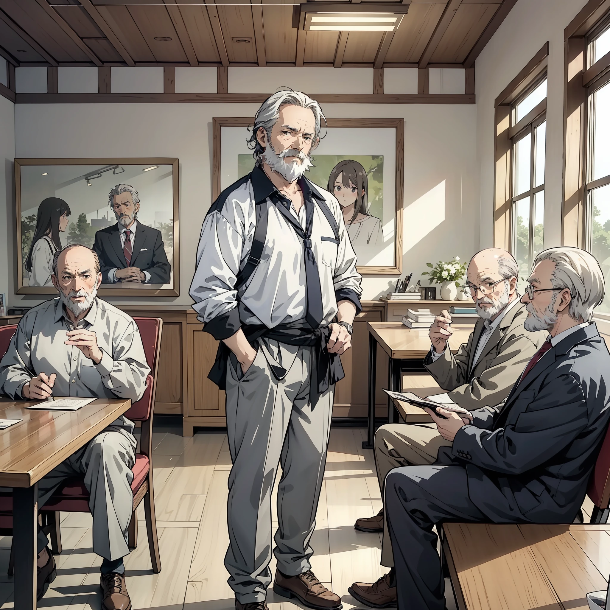 Several wore white tops，A gray-haired, balding man of about 60 sits at a conference table for a meeting（Open your mouth to speak1.5）（Many people 1.5）（Meetup 1.5）（The background is 1 in a rural house.5）style of anime4 K，Anime rendering，style of anime。8K，（Full body display 1.5）（Older men 1.3）（The vicissitudes of man 1.5）（Wrinkle 1.5）（Beard 1.5