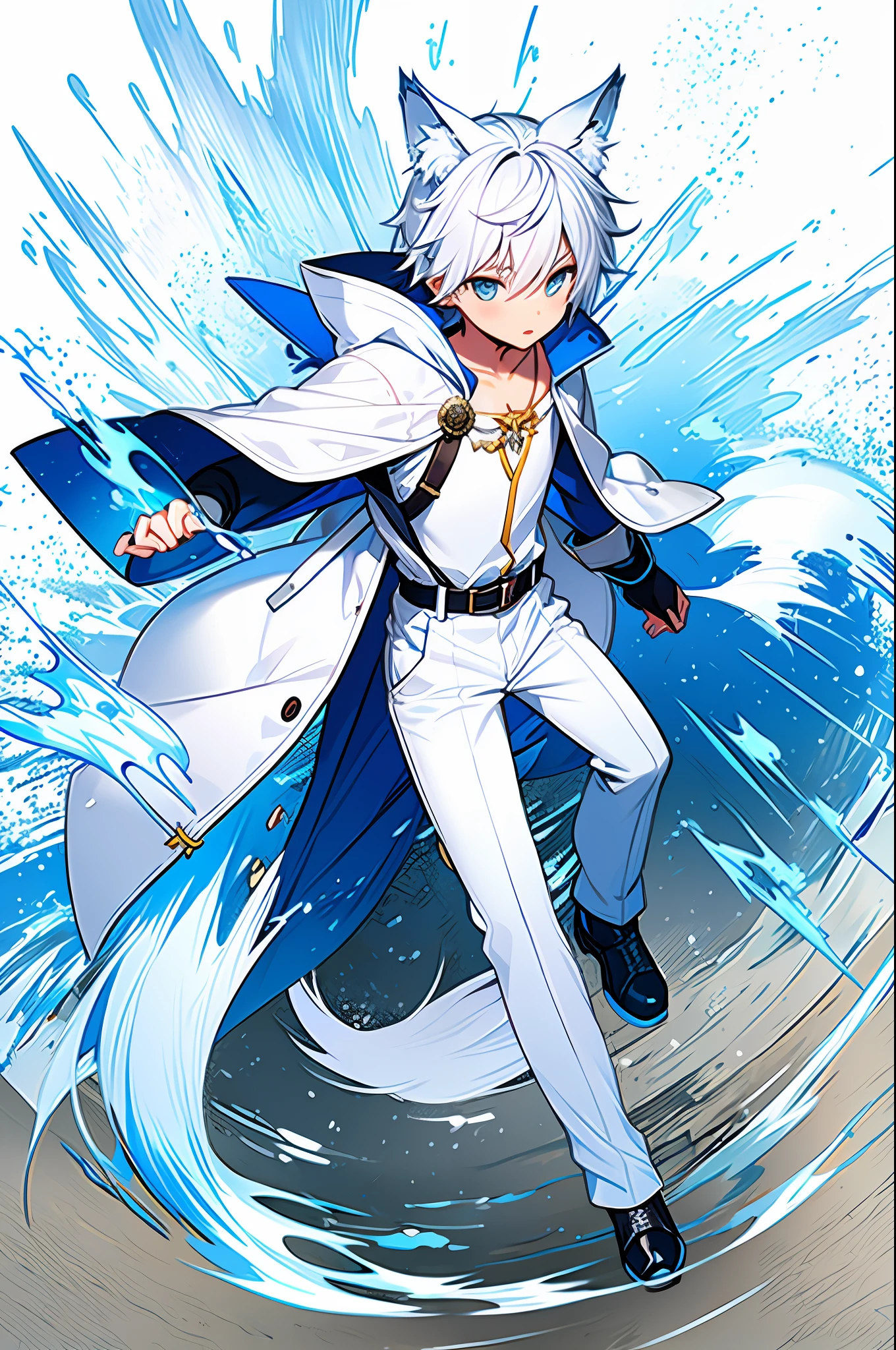 (younge boy)，Wolf ears，Wolf tail，Run，Blue short-sleeved tunic，White cape，White trousers，Blue Martin boots，Black belt，White half-finger gloves，