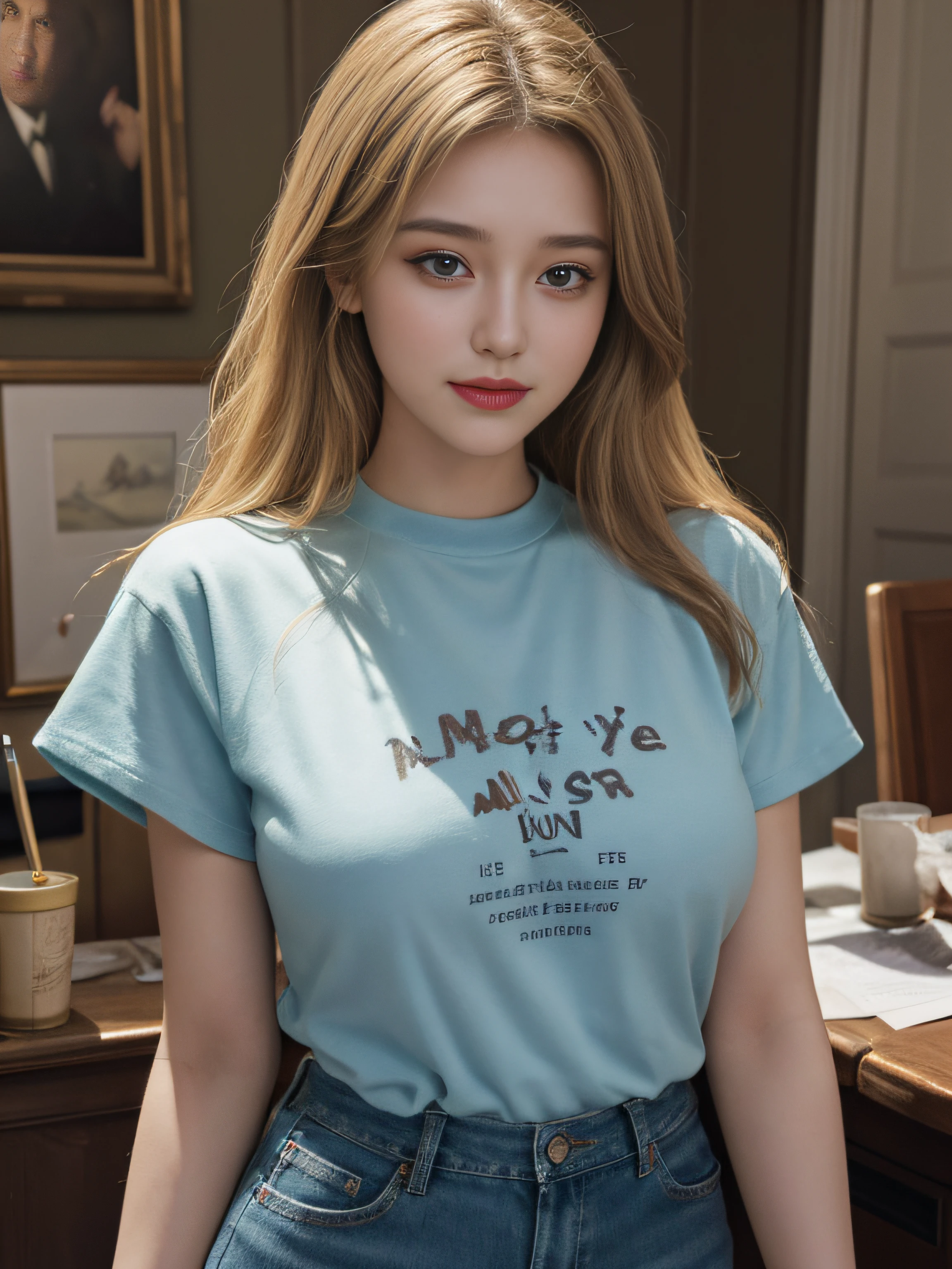 A magnificent sculpture, with the best picture quality and high resolution, featuring a beautiful 26-year-old Russian girl. The details are portrayed exquisitely, with her stunning blue double-eyelids eyes, yellow brown hair, beautiful skin, and an incredibly sharp and realistic image (reality: 1.4). Her face appears slightly younger, and her skin is smooth and slender, giving a sense of hyperrealism and illustration, smile. The artwork is presented in high resolution (8K), providing the most beautiful and impressive details, especially in the meticulously drawn eyes.

In the painting, she is depicted holding some cardboard boxes, standing at a post office. The bright and professional lighting highlights her long blonde hair and a yellow t-shirt with the words "BeeVN" written on the chest. She wears combat jeans. The setting is a post office with several carefully arranged parcels.

Pose: She is described as smiling and looking straight ahead. The portrait is highly detailed, emphasizing her facial features and exquisite characteristics.

This artwork is a true masterpiece, combining artistic talent and ultra-high resolution to create a captivating and attractive painting that mesmerizes the viewers.