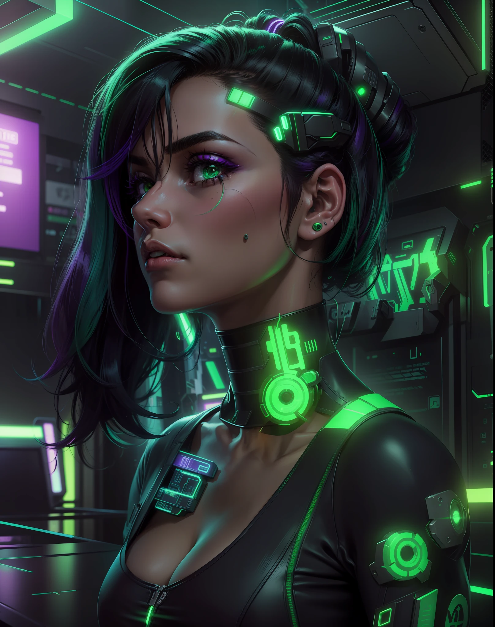 Judy Alvarez, Cyberpunk, garota, neon lights, black hair, green bangs, purple lights, green lights