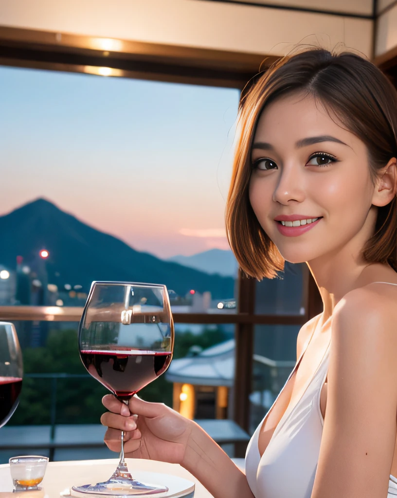 (64K, UHD, top quality, masterpiece: 1.2), (realistic, photorealistic: 1.37), super detailed, pretty woman 1 person, (slim face), (slim body), (brown hair), (short cut), cheeks slightly blushing, (44 years old), 38 years old, solo, beautiful detailed urban night view outside the window, restaurant, wine glasses sit, at night, in a prominent placeNovaFrogStyle, Actress, Model, Waist Up, White Wine, Slim, Wine Glass, Super Clean Night View, Wine Glass Put in the Middle, Happy Smile, (Smile: 1.15), Beautiful Fine Eyes, Upper Body, Bust Japan Up, Night, Short, Short, Actress, Model, Waist Up, White Wine, Slim, Wine Glass, Super Clean Night View, Wine Glass Put in the Middle, Happy Smile,