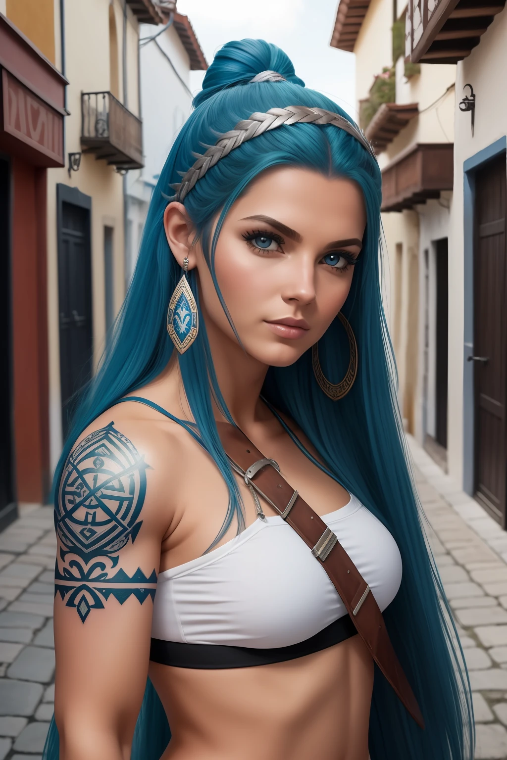 mujer guerrera vikinga, sexi, pelo azul, microchaleco blanco,, mini falda blanca de seda, chaleco transparente, sandalias de cintas blancas, cuerpo esbelto, cuerpo entero, cabello rubio con trenzas, mirada desafiante, cuerpo entero, mojada, pueblo vikingo, escudo vikingo, diadema vikinga, calle viquingo, super realista, small tattoo on the face