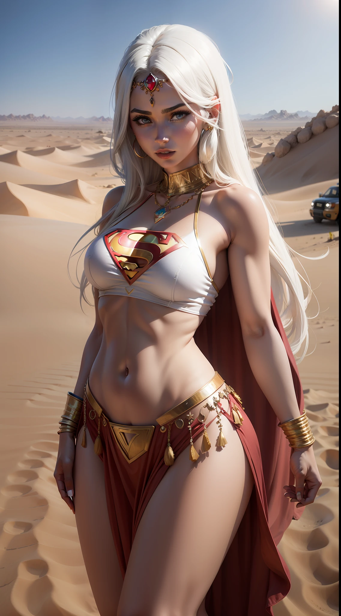 become a Belly Dancer in Desert Safari, 4k, realistic, carismatic, very detail, there is a girl on top city, wearing superman costum, she is a superman, white super hero theme, white long hair, 25 years old, full body