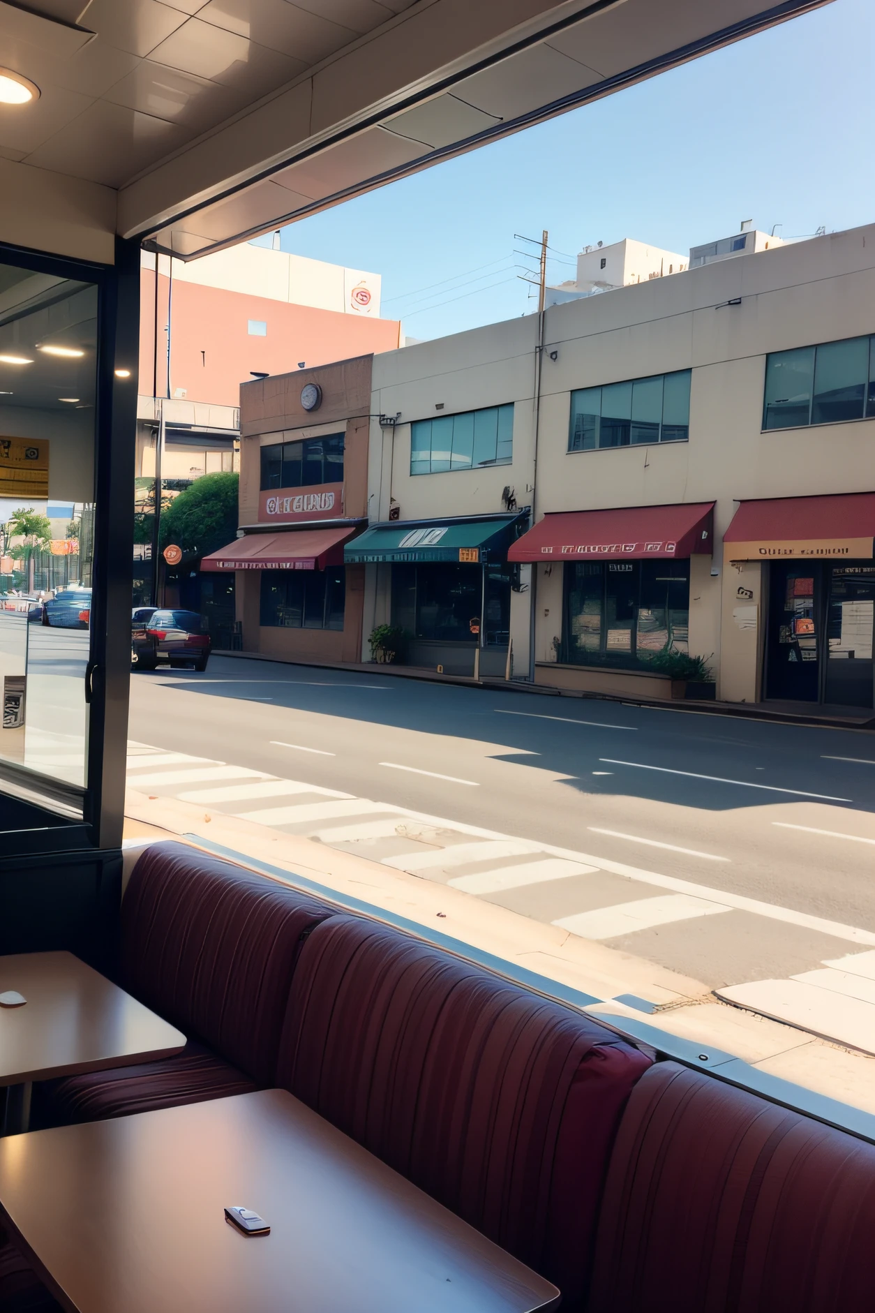 paisagem de um restaurante de fast food vista por fora, com uma rua, estilo anime detalhando