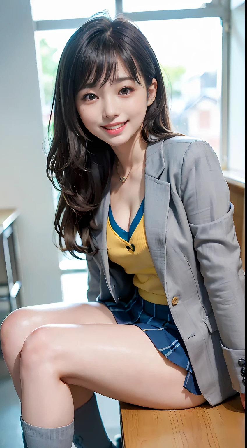 ((8K、Raw photography、top-quality、​masterpiece)、(realisitic、photorealisim:1.37)、(top-quality)、(Best Shadows)、(The best illustrations)、鎖骨((爆乳))、((erotick、A sexy、超A high resolution、High Definition CG Unified 8K Denden Wallpaper、physically-based renderingt、Cinematographic lighting)、(aegyo sal:1)、a 25 year old girl、 (grey blazer、sockes、high-school uniform:1.2)、High School Classroom, beautiful finely detailed eyes, Light on the Face, ((FULL BODYSHOT:1.2)), especially strong light, (Kamimei、Grinning smile:1.2),glowy skin、( thick thight), ulzzang -6500-v1.1:0.2, full of shyness, (The Flash:1.2), NSFW, (puffies, ((enchanting posture:1.2, enticing:1.2)),face perfect、kawaii faces、(high-angle shot:1.2)、Schools、