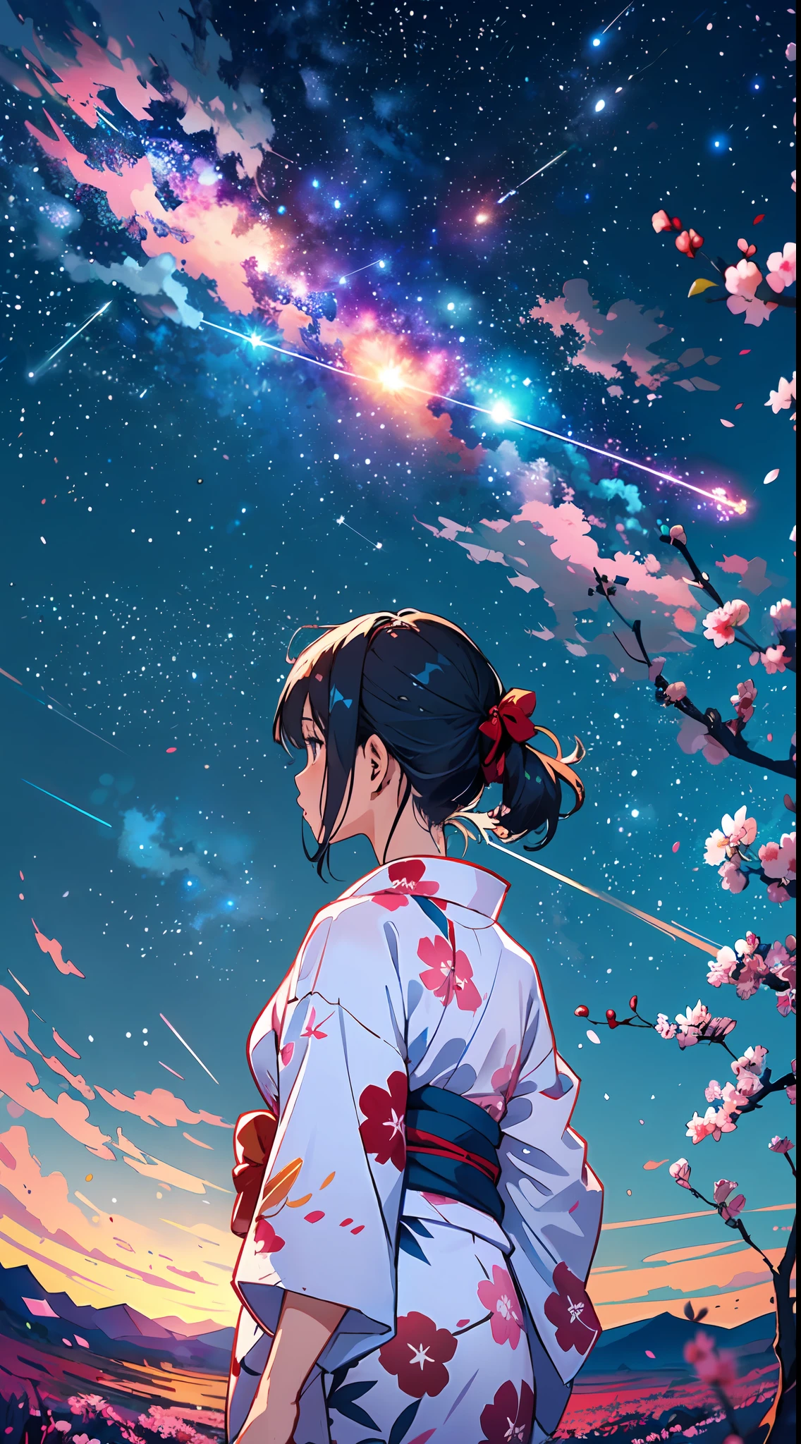 1girl, distant girl wearing a kimono staring at the stars, (zoomed out:1.1), (meteor shower:1.2), (comet:1.1), your name, low angle, from behind, aroura borealis, shooting star, yukata, red kimono, cherry blossoms, standing in a field,best quality, masterpiece,  cloud,colorful, starry,stars,