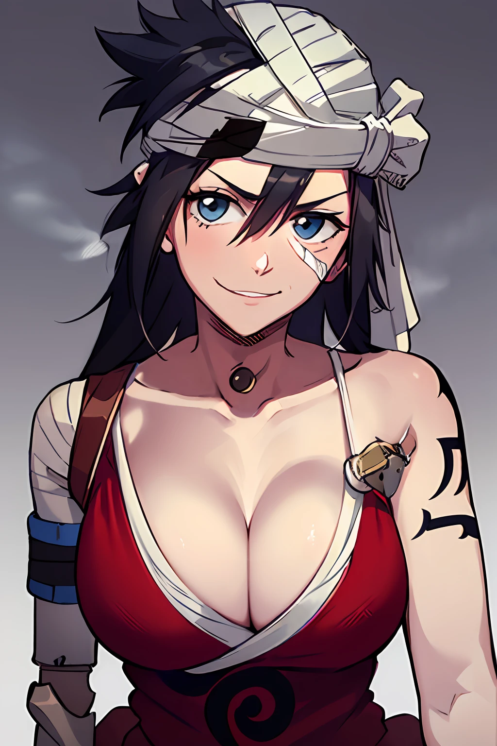 cowboy shot, solo, 1girl, shiba kuukaku, (prosthesis, prosthetic arm:1.2), smile, closed mouth, looking at viewer, red dress, bandages, cleavage