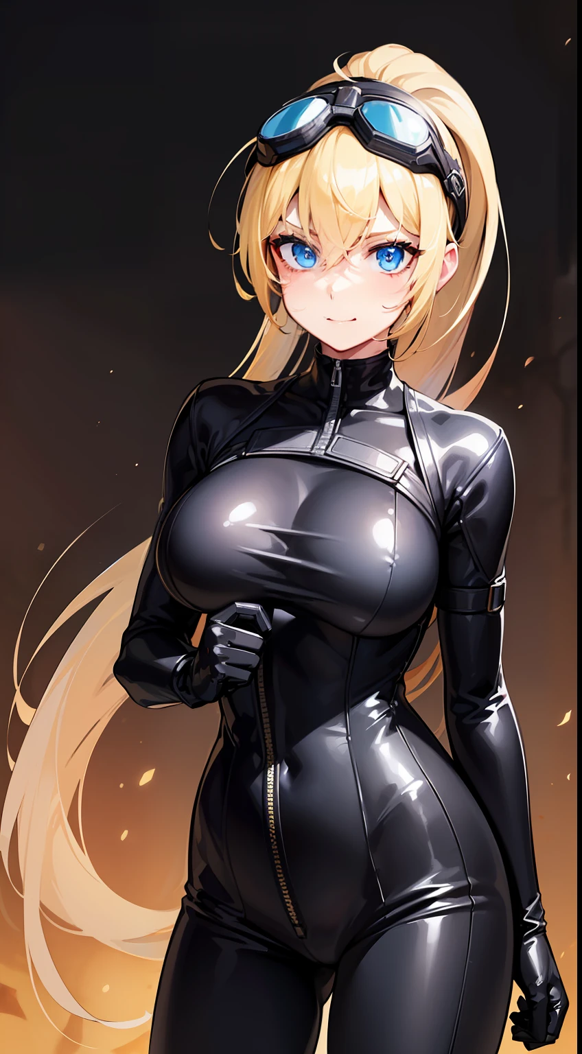 masterpiece、top-quality、hight resolution、profetional lighting、anime styled、Details of the face and clothes、Single-color background 、1womanl、Upper body shot from the front、((Beautiful female combatant with goggles on her head standing facing the front))、(Mature face and body)、Turn your face and look straight ahead、(Breasts are big、Wearing only a black combat bodysuit that covers the whole body、Bodysuits that are tight to the body、Black leather gloves :1.1)、(Eyes are blue、a blond、high ponytail with shabby hair :1.2)、cheely smile