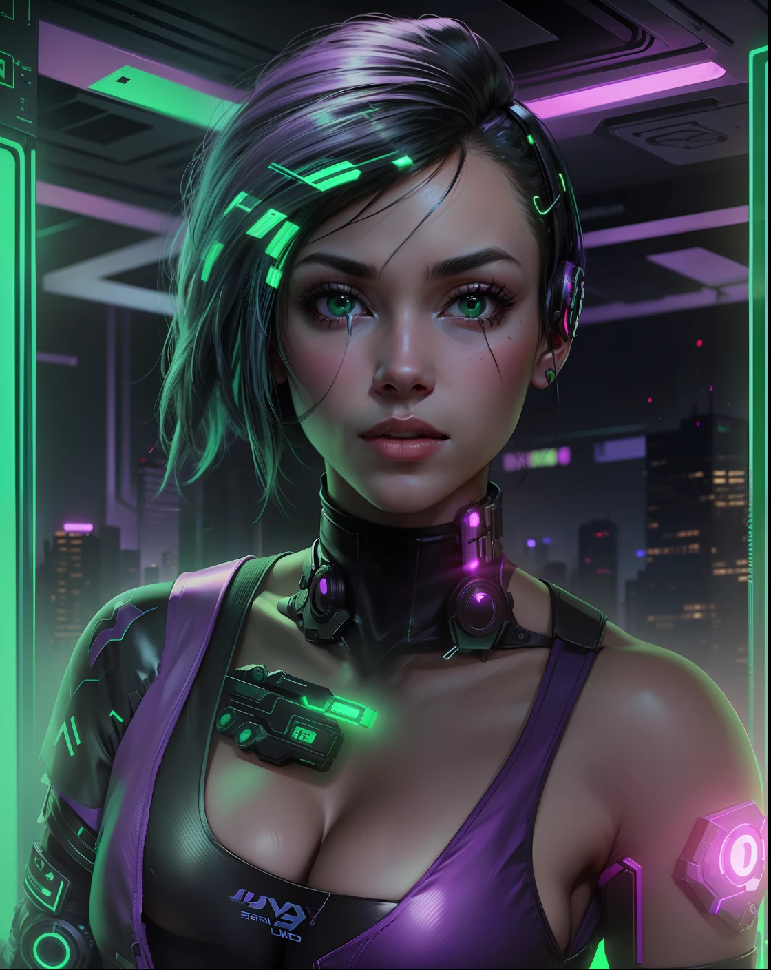 Judy Alvarez, Cyberpunk, garota, neon lights, black hair, green bangs, purple lights, green lights