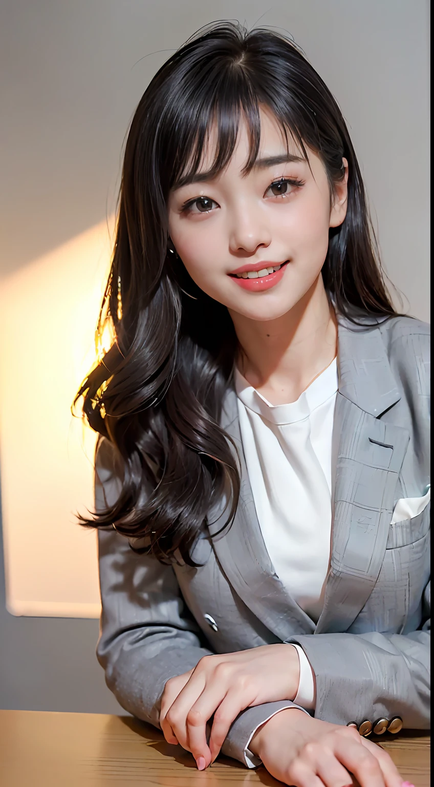 ((8K、Raw photography、top-quality、​masterpiece)、(realisitic、photorealisim:1.37)、(top-quality)、(Best Shadows)、(The best illustrations)、鎖骨((爆乳))、((erotick、A 、超A high resolution、High Definition CG Unified 8K Denden Wallpaper、physically-based renderingt、Cinematographic lighting)、(aegyo sal:1)、a 25 year old girl、 (grey blazer、sockes、high-school uniform:1.2)、High School Classroom, beautiful finely detailed eyes, Light on the Face, ((FULL BODYSHOT:1.2)), especially strong light, (Kamimei、Grinning smile:1.2),glowy skin、( thick thight), ulzzang -6500-v1.1:0.2, full of shyness, (The Flash:1.2), , (puffies, ((enchanting posture:1.2, enticing:1.2)),face perfect、kawaii faces、(high-angle shot:1.2)、Schools、full bodyesbian、