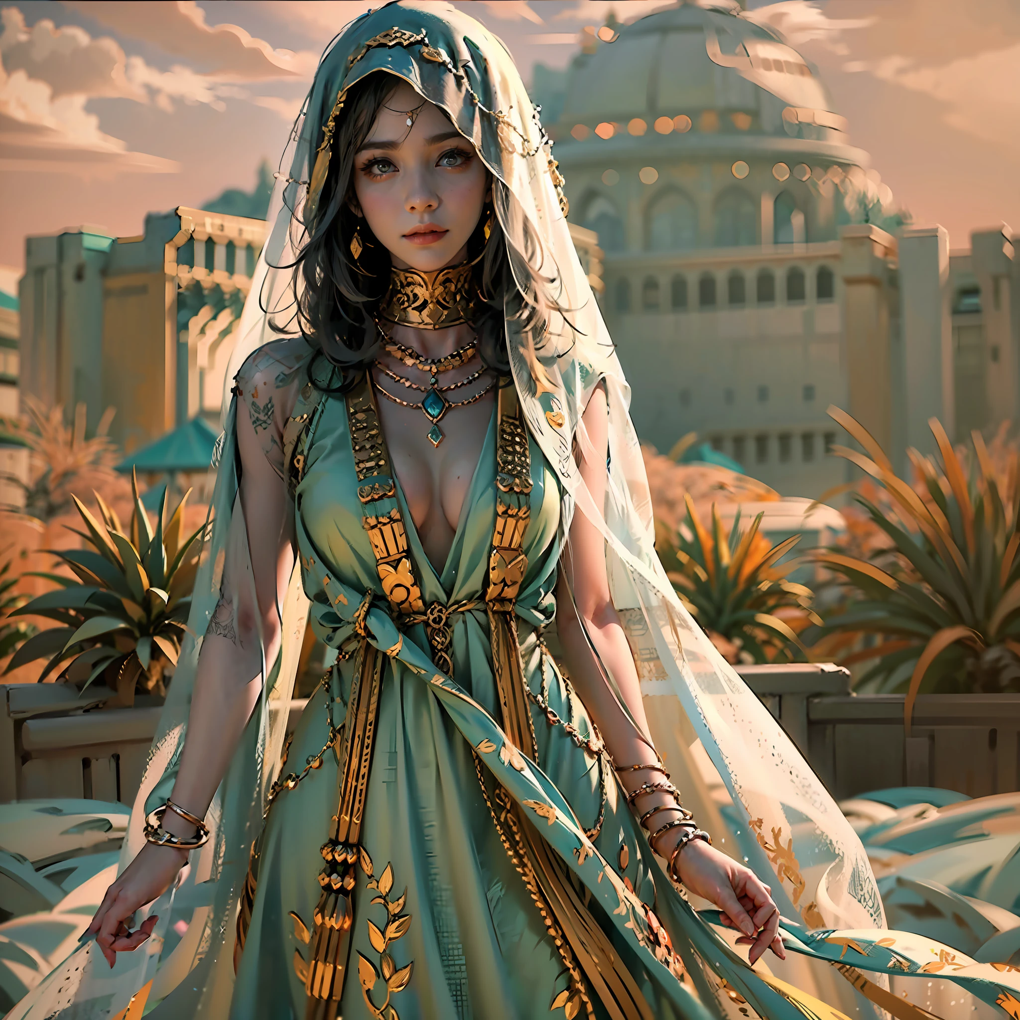 in a panoramic view，photorealestic，8K，Arabic style，golden hues，with blue sky and white clouds，Desert oasis，A market outside the luxury Arabic tent cluster，2 Arab slave girls，Wear a translucent traditional Arabian burqa，Arabic hijab，The Arabian veil is masked，Bind your hands，bound waist，anklet，sat on the ground，Eyes seductive，Masks, Masks，Gorgeously dressed，A noblewoman in a lavish Arabian burqa，See them up close，All masked，Perfectcomposition，professinal，Meistwick，commissioned，best qualtiy，color corrected，After fixation，Retouching，Improvement，Epic，Tone-mapping，the detail， highly  detailed， digitial painting， art  stations， Conceptual map of the long dam， Smoothness， Sharp focus， Beautiful illustration， photore， The light from the back window is backlighted， 动态照明， Mist， 复杂， cinematic grain， professinal， face to the viewer，（Beautiful m3d_woman， Perfect M3D_face,）， Volumetriclighting， subsurfacescattering， Good highlights， Good shadows， cinematic ligh