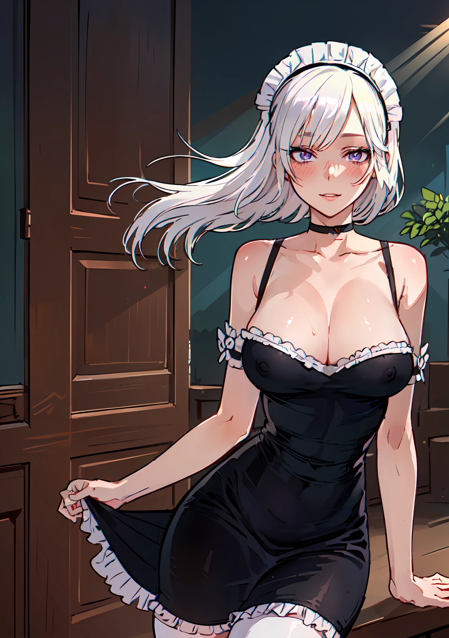 Nsfw, ((((masterpiece, best quality, high resolution)))), 1girl, white hair, purple eyes, short wavy hair, average breasts, blush, light smile, parted lips, glow, thighs, bare shoulders, collarbone, narrow waist, cleavage, (beautiful detailed face, beautiful detailed eyes), long slender thighs, perfect eyes, (maid outfit, maid apron, maid headband), (sunbeam, sunlight, rose, wind, cafe), ratatatat74