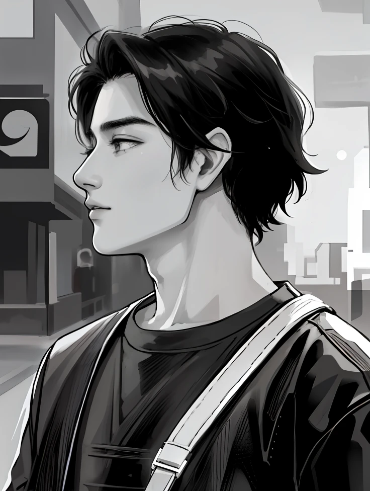 young arafed man with a bag looking away from the camera, headshot profile picture, south east asian with round face, profile portrait, portait photo profile picture, profile shot, side profile centered portrait, profile picture, side profile portrait, profile photo, mid shot portrait, high quality, anime, black and white, semi-realistic.