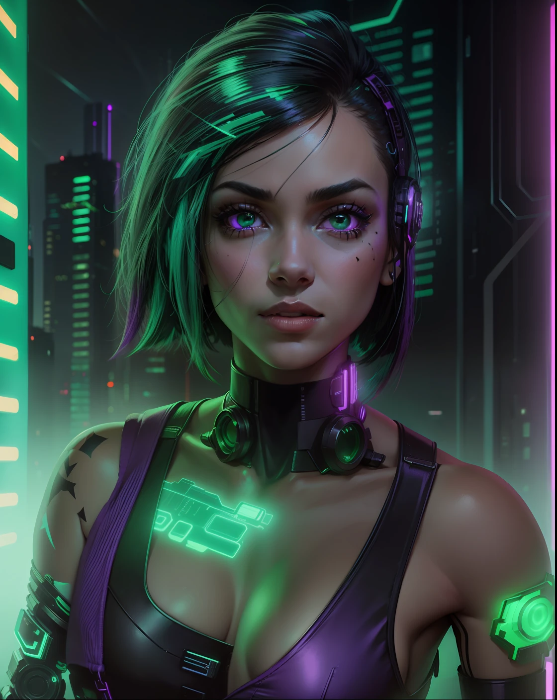 Judy Alvarez, Cyberpunk, garota, neon lights, black hair, green bangs, purple lights, green lights