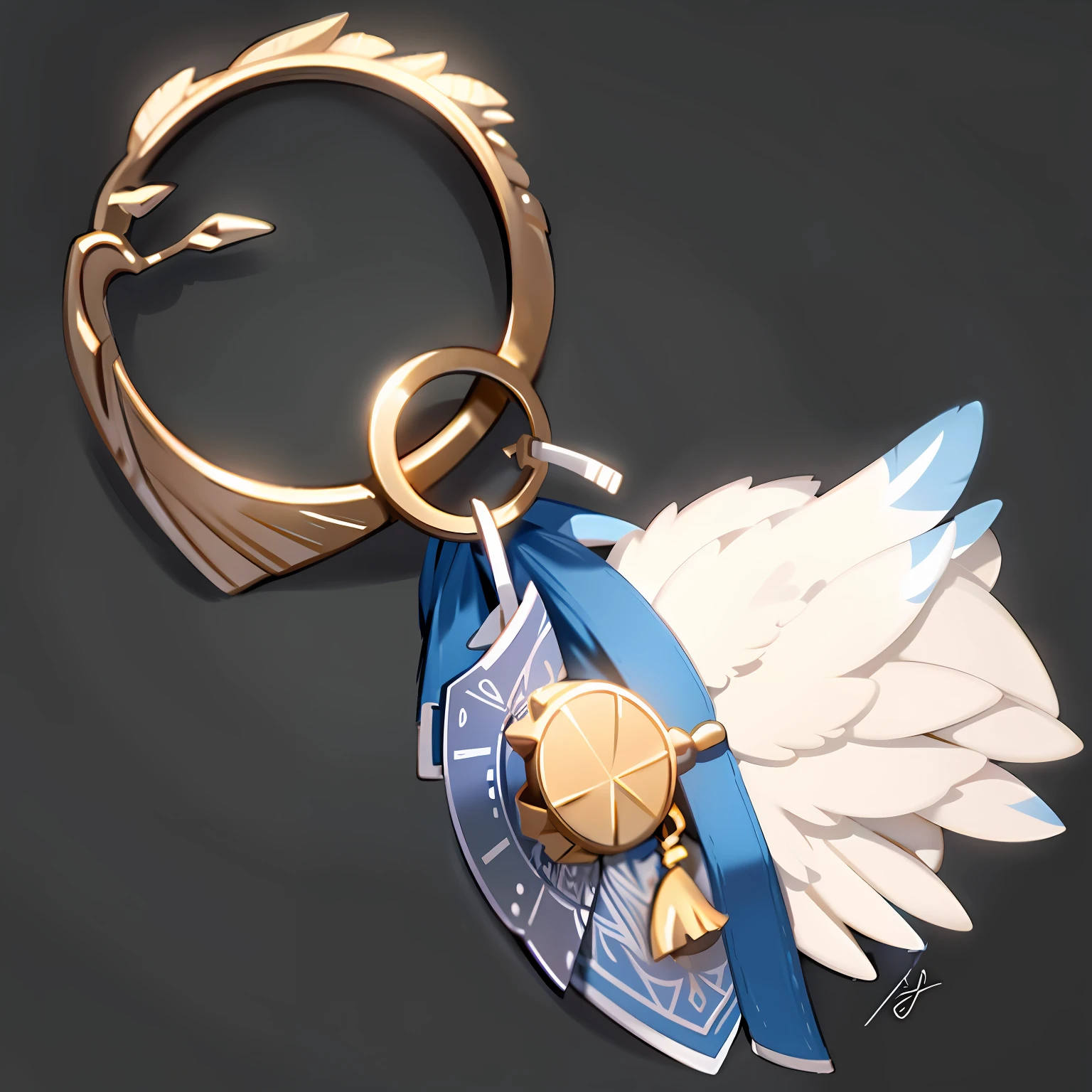 gameicon,Silver-toned metal ring phone charm,The drapery is a bunch of decorative feathers,There are blue ribbons,and yellow accents,Estilo de Makoto Shinkai