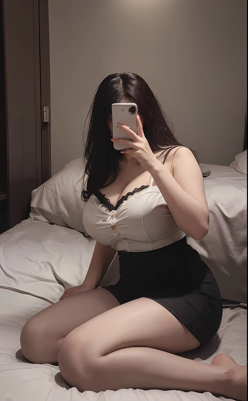 ((Cinematic Light, Top Quality, 8k, Masterpiece: 1.3)), 1 Girl,  beautiful hands, (((busty))), (((big breast))), (((BBW))), String Panties, Bra,  sitting in Bed, Ultra Detailed , On the Bed, dark hair, Seductive , p_m_s