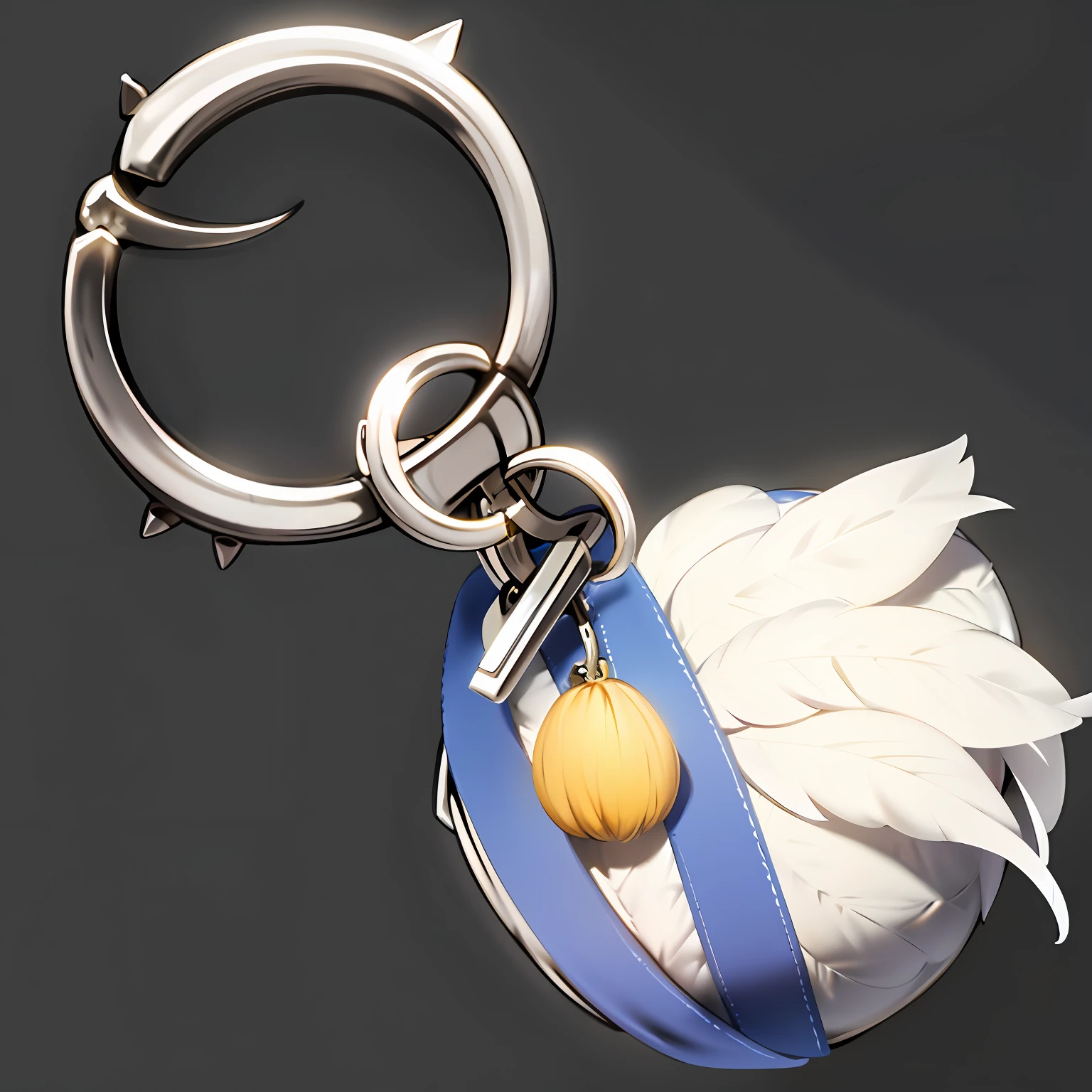 gameicon,Silver-toned metal ring phone charm,The drapery is a bunch of decorative feathers,There are blue ribbons,and yellow accents,Estilo de Makoto Shinkai